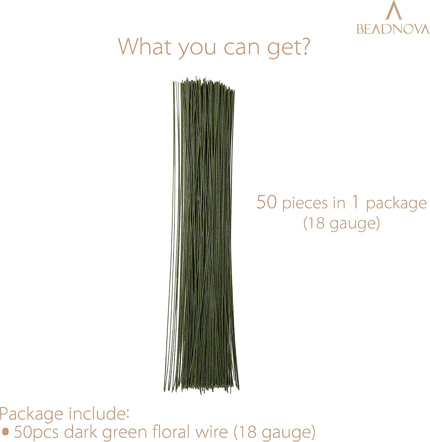 BEADNOVA Floral Stem Wire 50pcs 18 Gauge Fake Flower Stems Green Floral Wire for Flower Arrangement Florist DIY Bouquet (Dark Green, 50 Pcs)