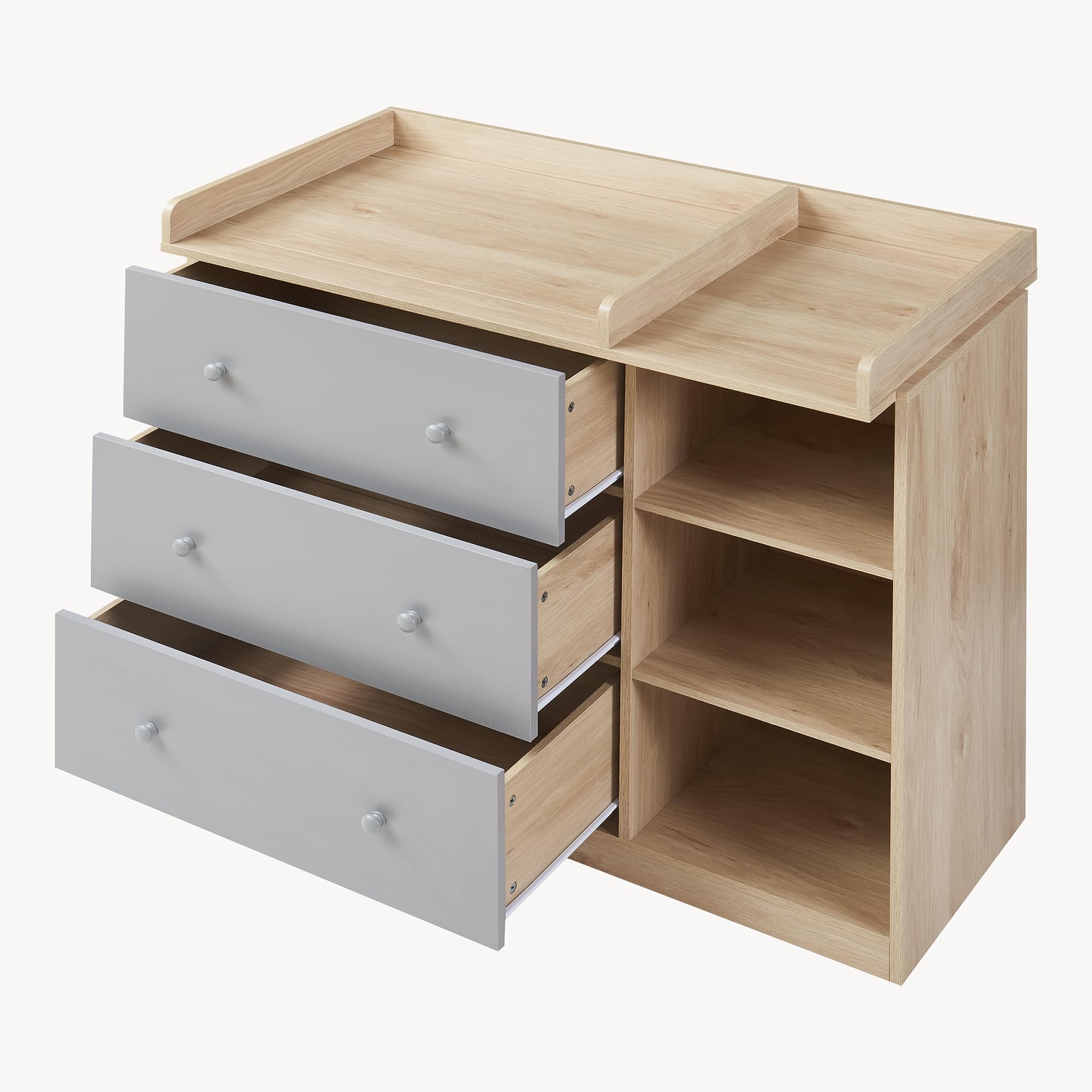 [en.casa] Mueble Cambiador Bebé Beldinupp 2 en 1 Cómoda con Cambiador Bebé con 3 Cajones y 3 Compartimentos Abiertos Moderno 93 x 110 x 55 cm - Efecto roble/Gris