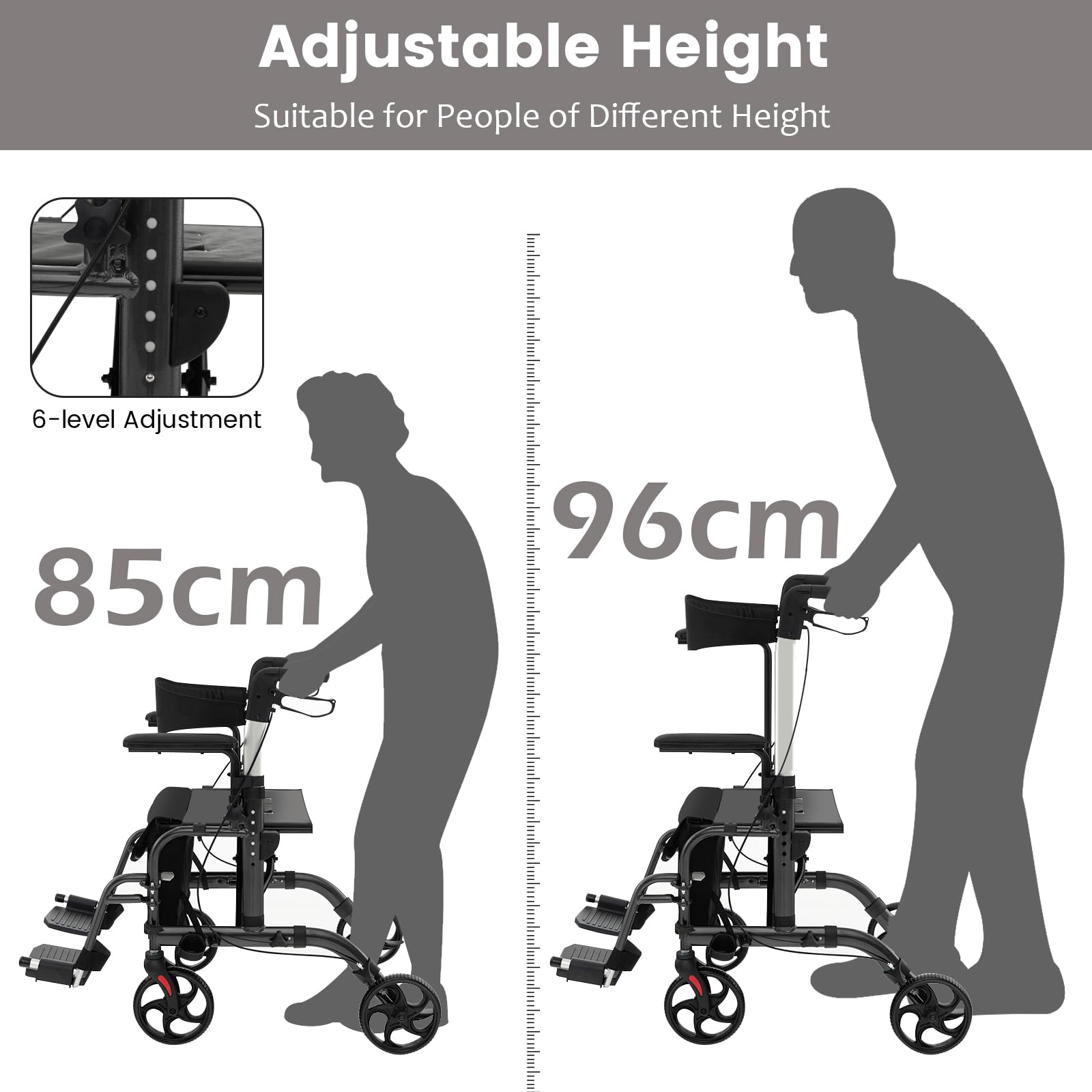 HOMASIS 2 en 1 Andador Plegable de Altura Ajustable con 4 Ruedas, Andador de Aluminio con Freno de Mano Portaparaguas, Asiento y Respaldo Reversible, para Personas Mayores, Carga 136 kg (Negro)