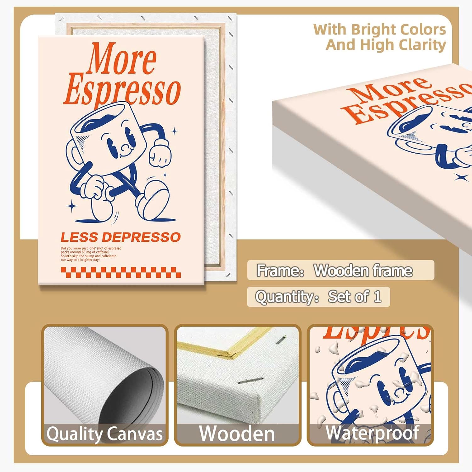 Retro Coffee Canvas Wall Art More Espresso Less Depresso Poster Cute Cartoon Ideas Kitchen Prints Painting For Home Restaurant Wall Decor 12x16in Framed