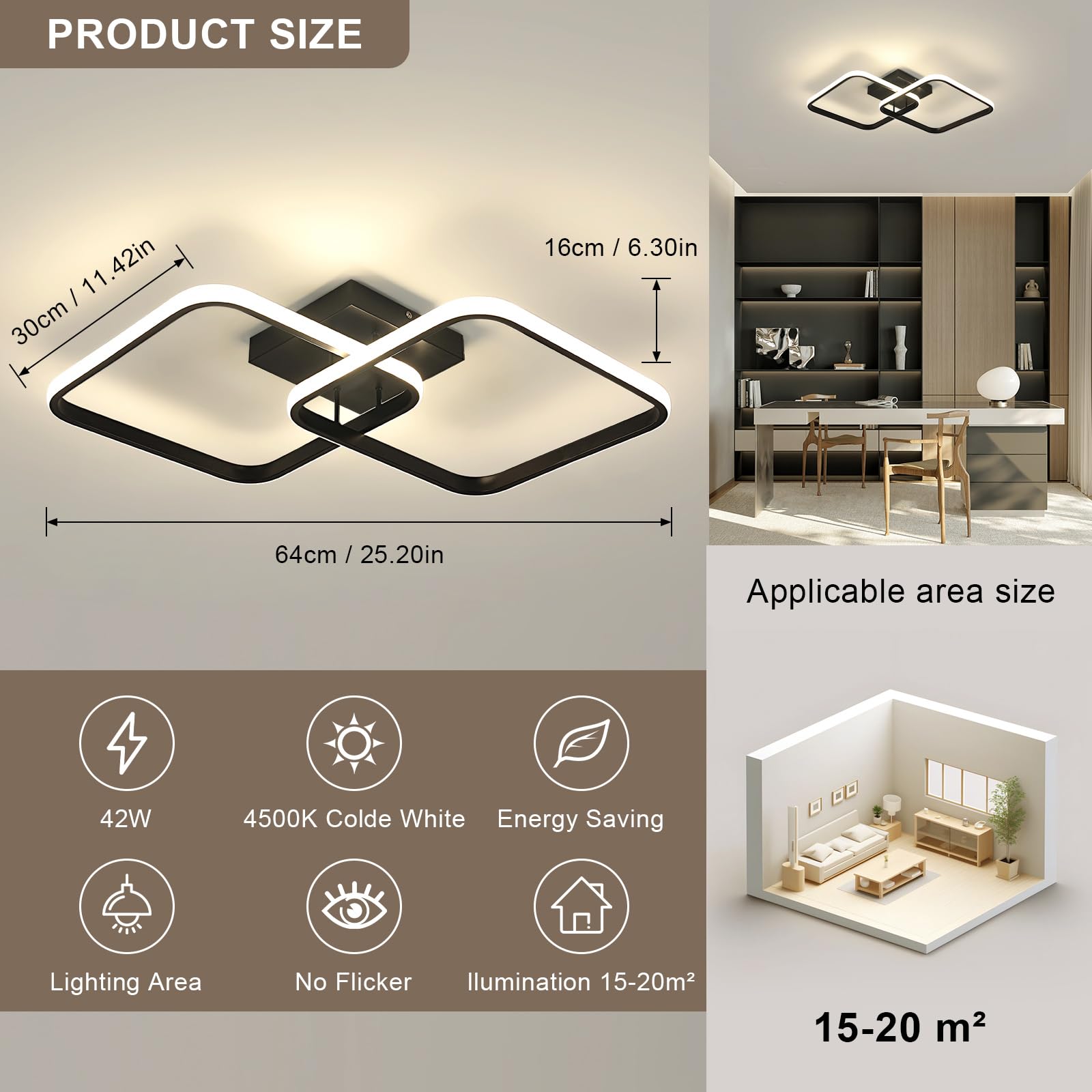 Osairous Plafoniera LED Soffitto Moderno, 42W 4725LM Lampada da Soffitto LED, Plafoniera Quadrata Nera Soggiorno in Acrilico per Camera da Letto Cucina Studio Ufficio, Luce Neutra 4500K, 64CM