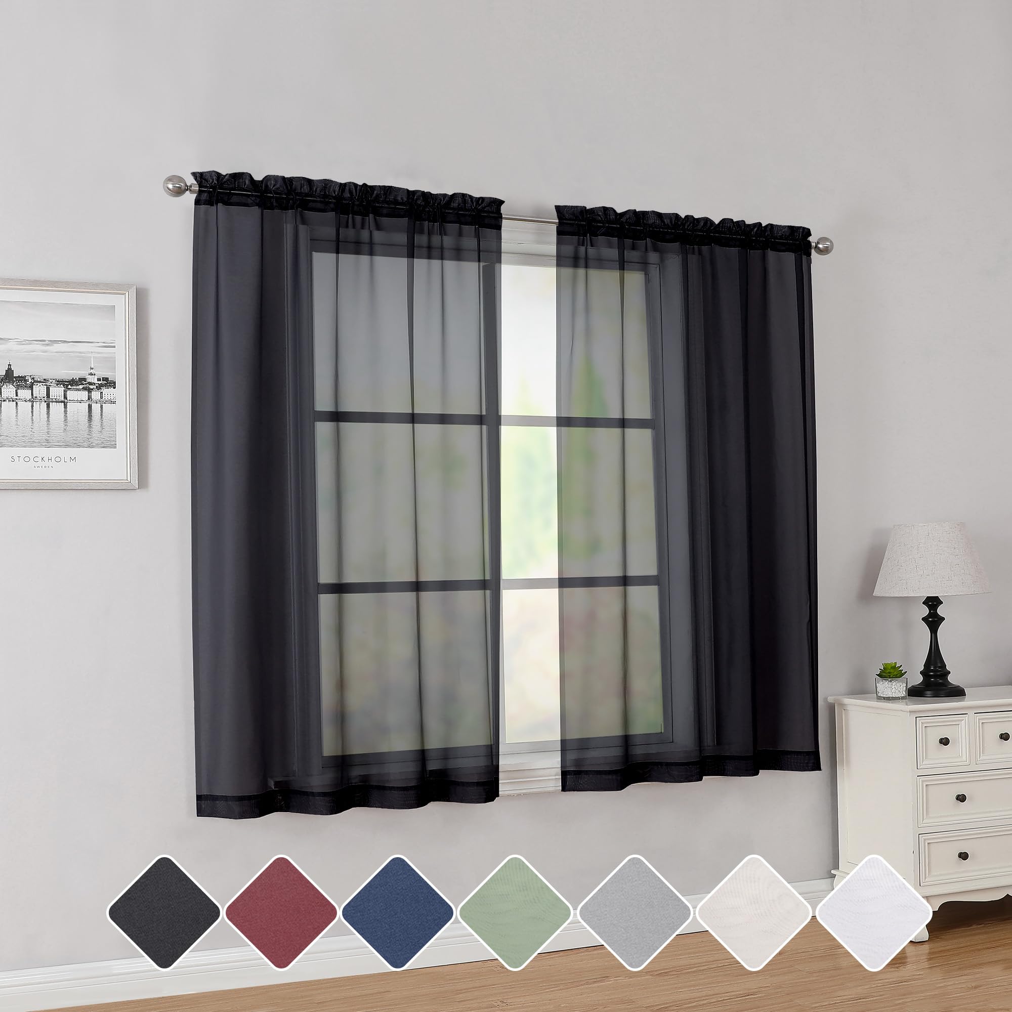 Simplebrand Black Short Sheer Curtains 45 Inch Length 2 Panels for Bedroom