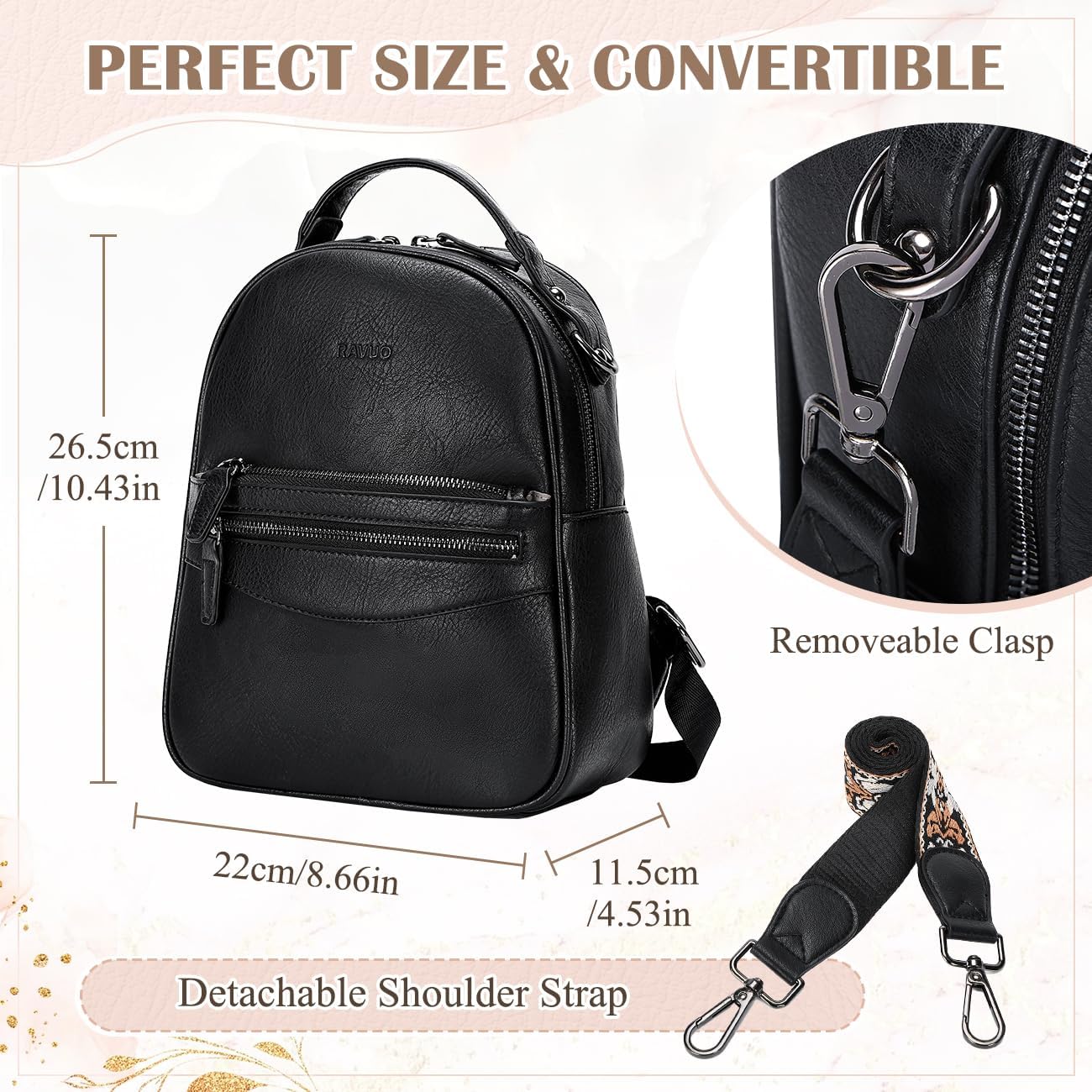RAVUO Mini Backpack for Women, Small Leather Backpack Purse Fashion Handbag Convertible Ladies Trendy Shoulder Bag for Work,Travel,Black - Image 2