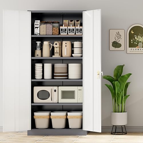 Miniatura 7 de INTERGREAT Armario de almacenamiento de metal con puertas y estantes, gabinete de almacenamiento de garaje de 72 pulgadas con cerradura, gabinete de