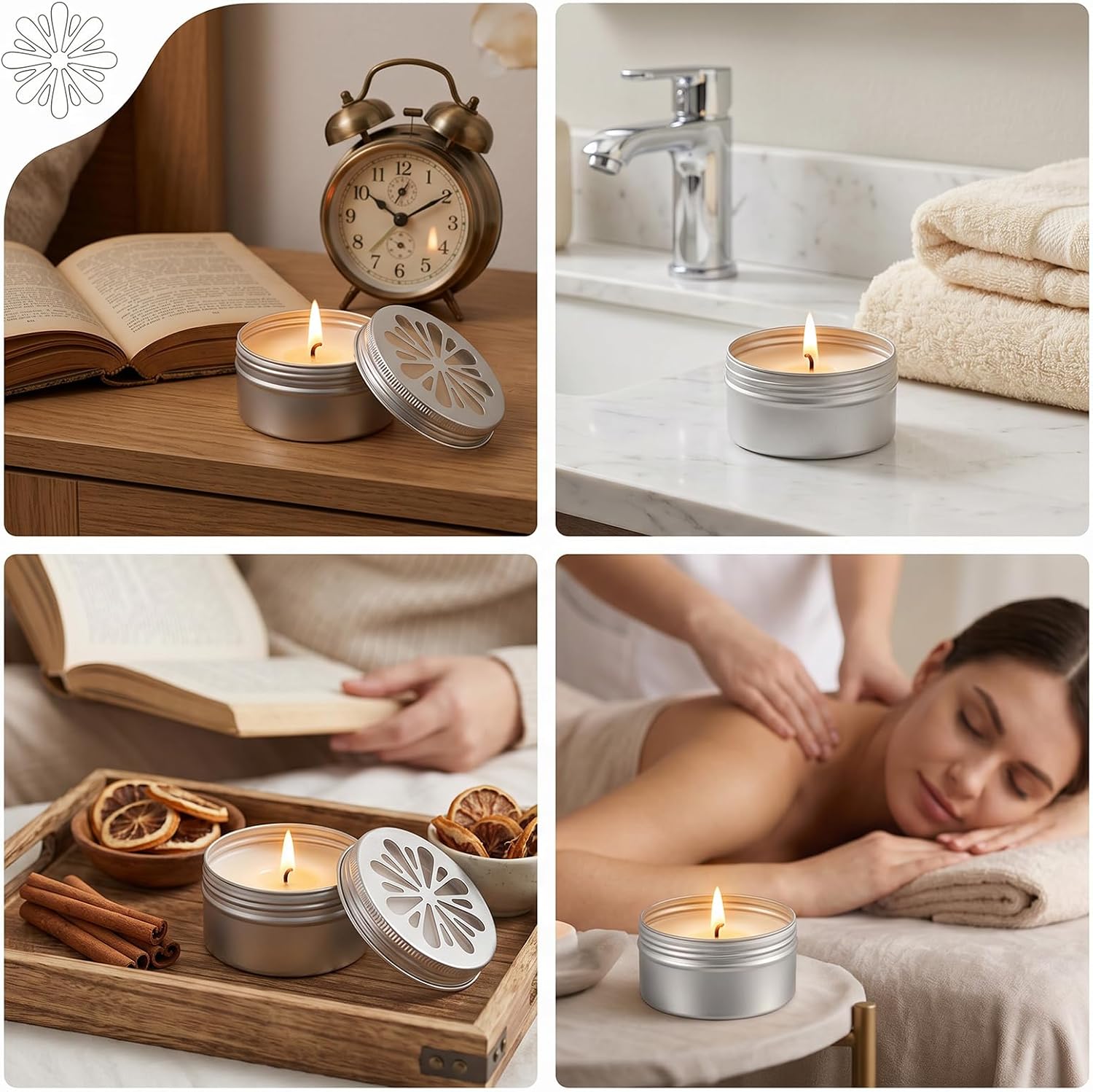 24 Pcs Aluminium Tins Empty Metal Tins with Hollow Lids 6 Style 4 Ounce Round Refillable Spice Tin for Candles Potpourri Travel Storage Silver 2.7 x 1.6 Inch
