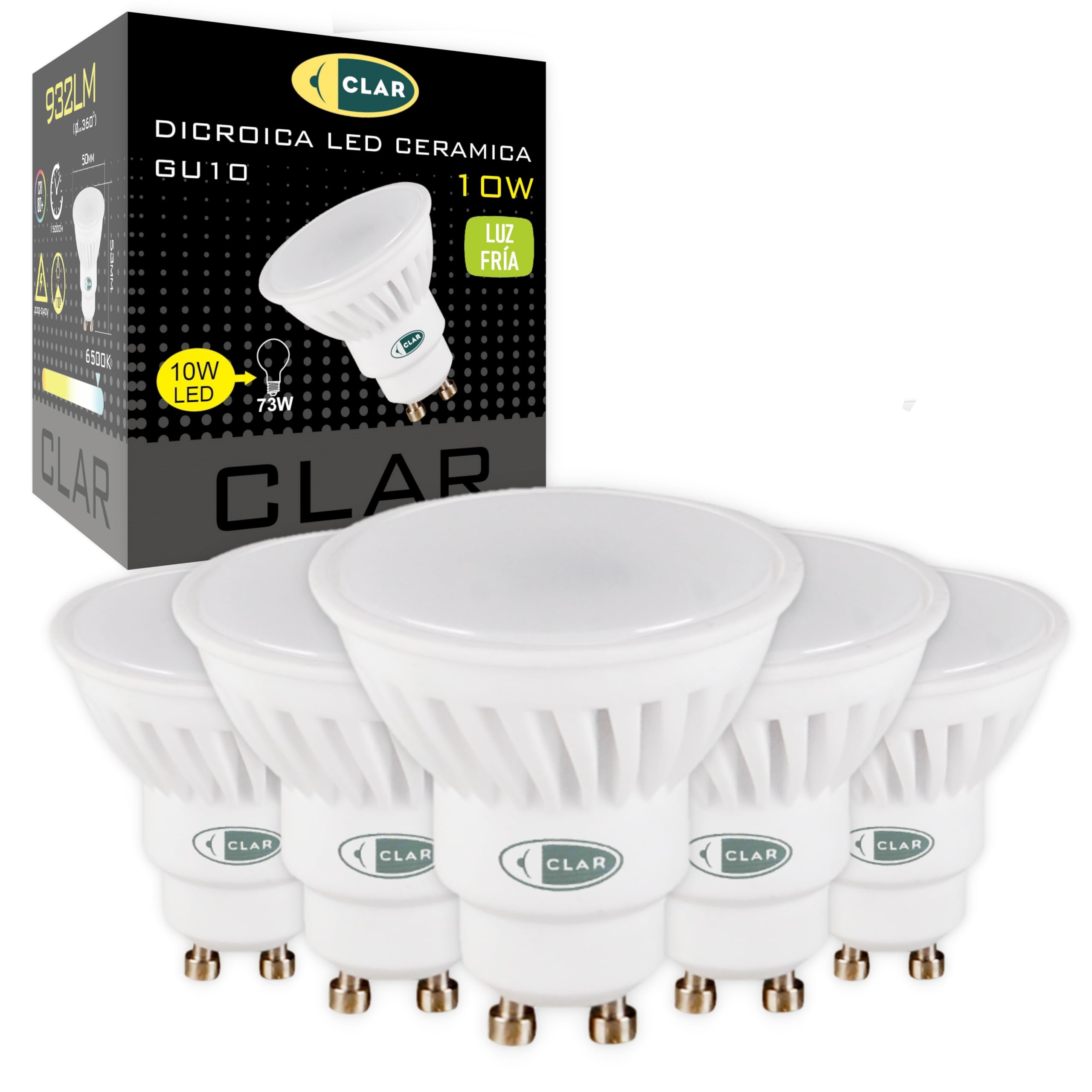CLAR - LED GU10 Neutral White, 10 W Bulb, Cool White 6000 ºK (Pack of 5), Cool White (6000 K), 10W GU10 (Pack 5)