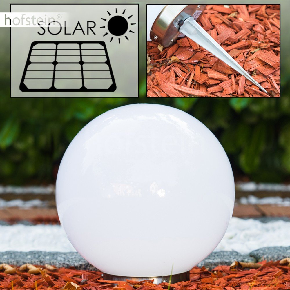 Lámpara LED de globo Solar Nassau, con pica de tierra y célula solar, lámpara de exterior de plástico blanco Ø 25 cm, 2 x LED de 0,05 vatios, con interruptor crepuscular, pilas reemplazables