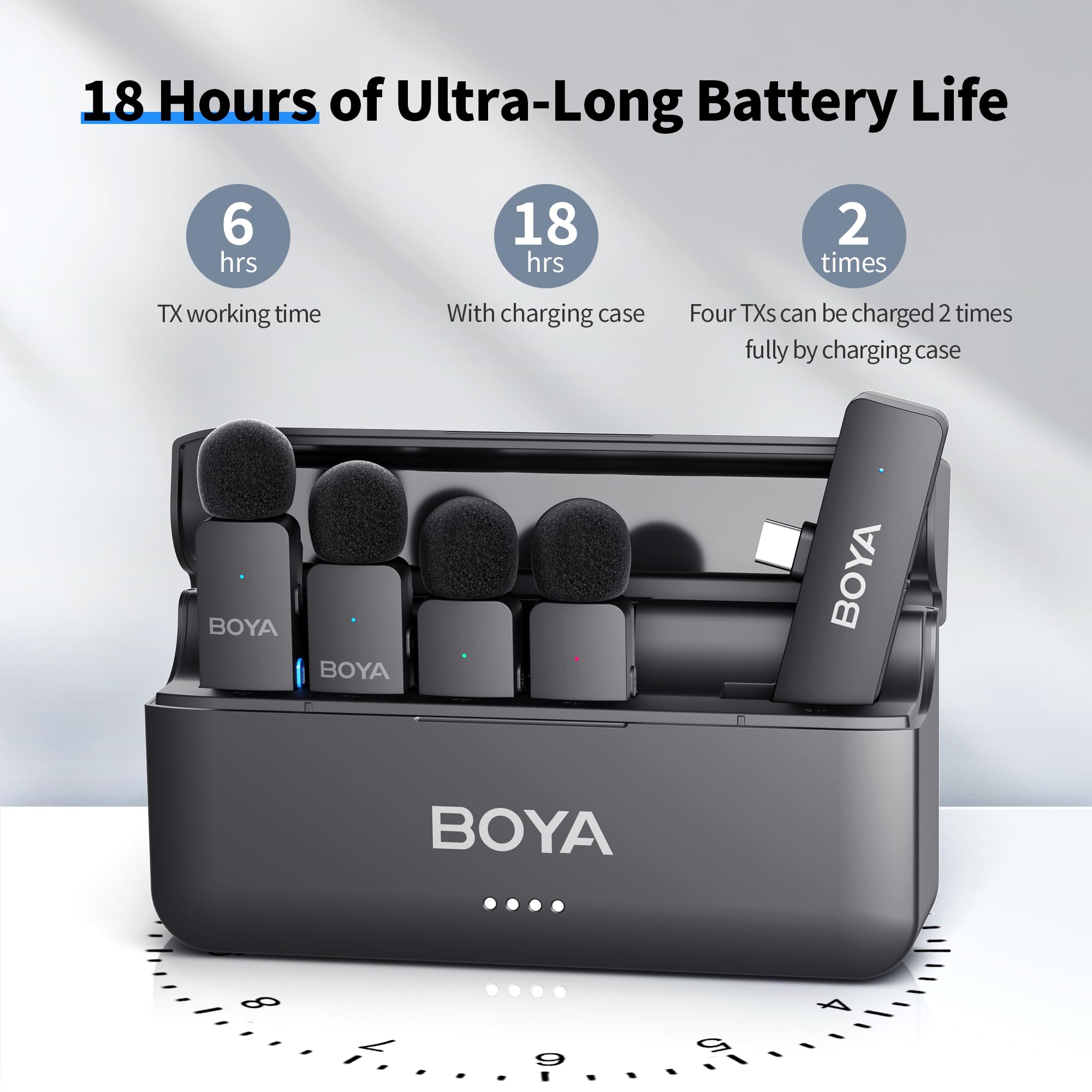 BOYA BY-V4U Microfono wireless per Android, microfono lavalier wireless, portata di 199,9 m, durata della batteria 18 ore con cancellazione del rumore, compatibile per registrazione video, podcast