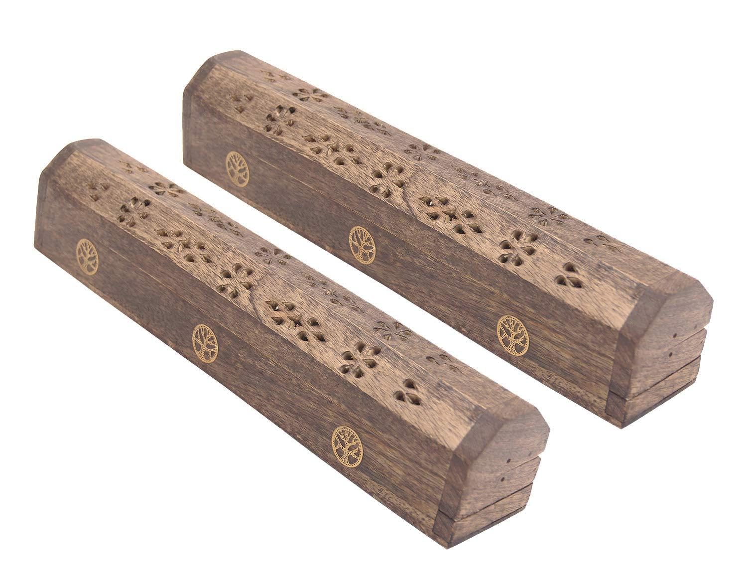 DharmaObjects 2 Pack Wooden Coffin Incense Burner with Buddha Brass Inlays and Storage Compartment - 12X2X2 Inches (Tree of Life)