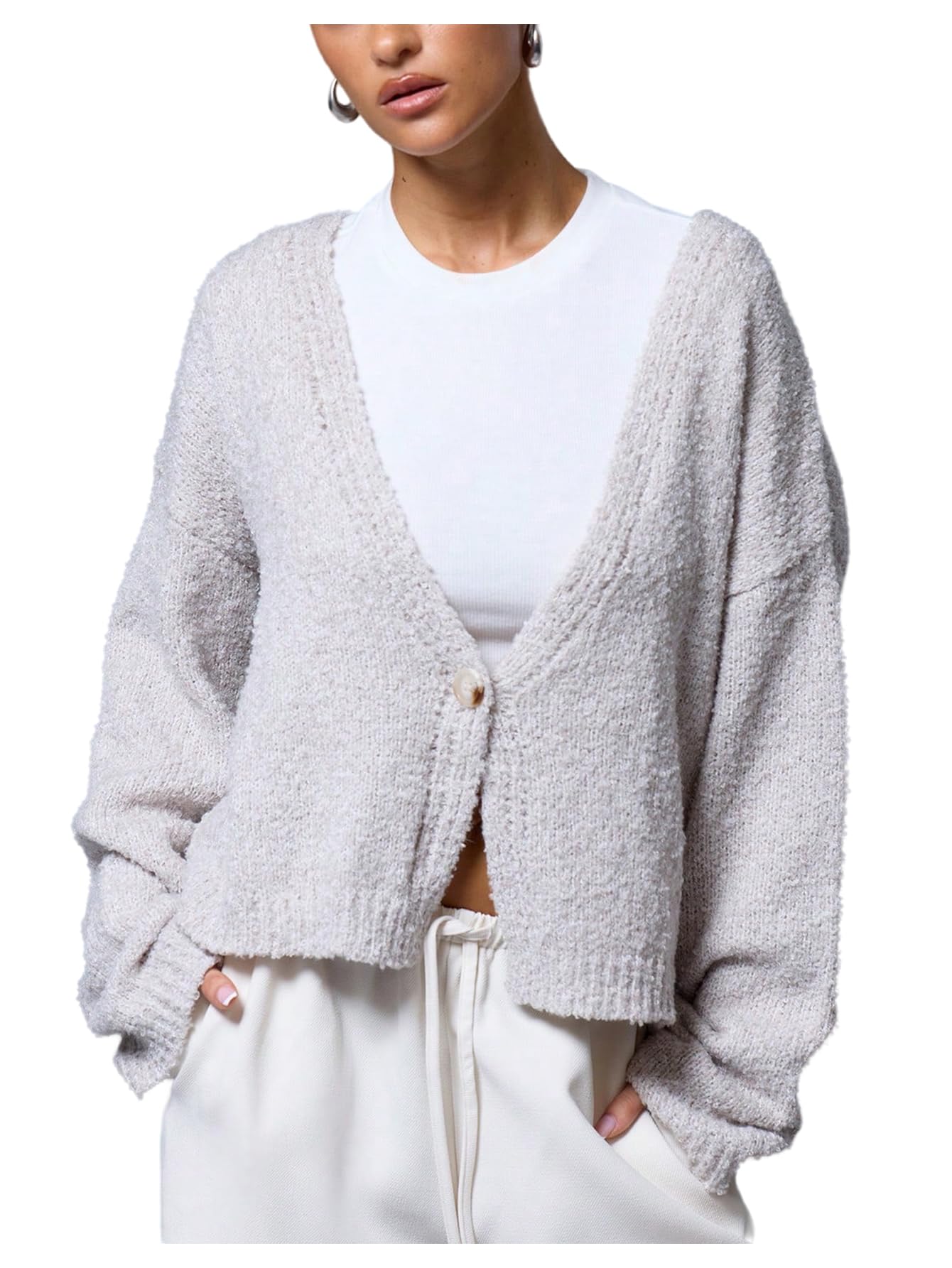 Milumia Womens Deep V Neck Fuzzy Cardigan Casual Drop Shoulder Long Sleeve Oversized Knitted Sweaters