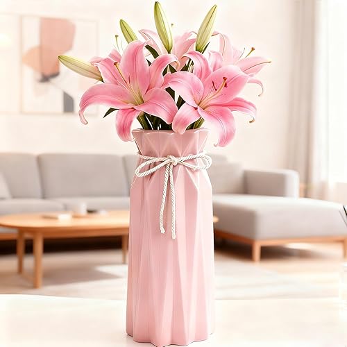 ༺𝓜𝓮𝓻𝓻𝔂༻༺𝓒𝓱𝓻𝓲𝓼𝓽𝓶𝓪𝓼༻ 🎄🤍 Disoza Ceramic Flower 9.5" H x 3.9" W Pink Vase Modern Home Decor Vases for Centerpieces Minimalist Farmhouse Cute Decorative Vases Flowers Tulip Pampas Grass Vase for Table Bathroom Shelf - #B 9.5" Pink Tall Vase