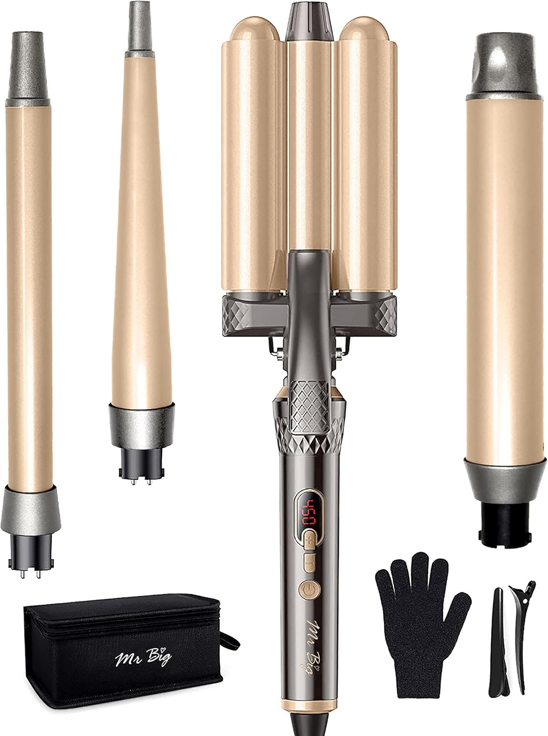 Mr Big Triple Waver Curling Iron Set for Beachy Waves has the 4 Most Used Wands, 1” Waver Crimper & Wands from ½” to 1.25”, Great for Long Hair, Travel Bag & Accessories, Fast Heat, for All Hair Types