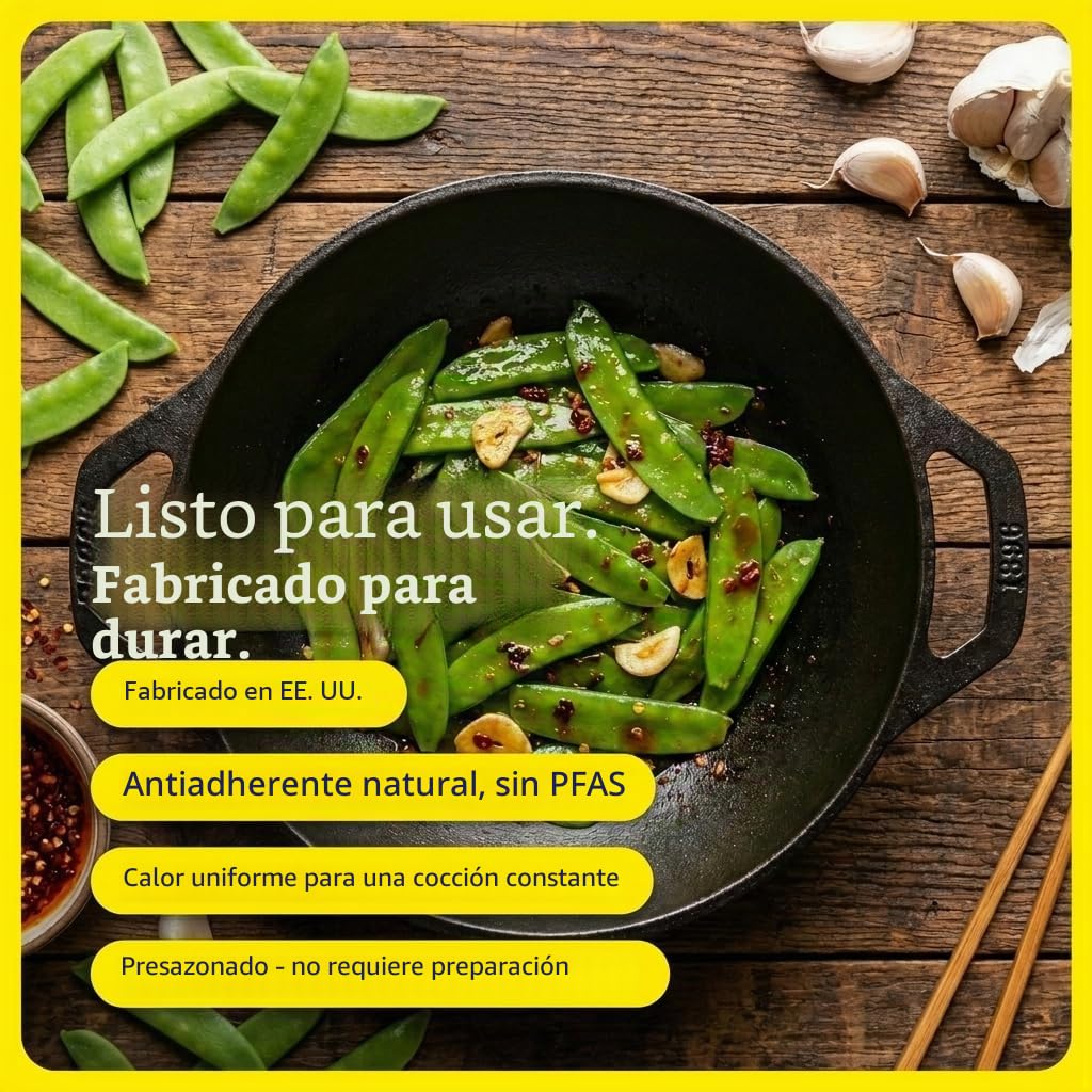 LODGE Wok de hierro fundido, negro, 9 pulgadas, 29,06 x 23,34 x 7,47 cm