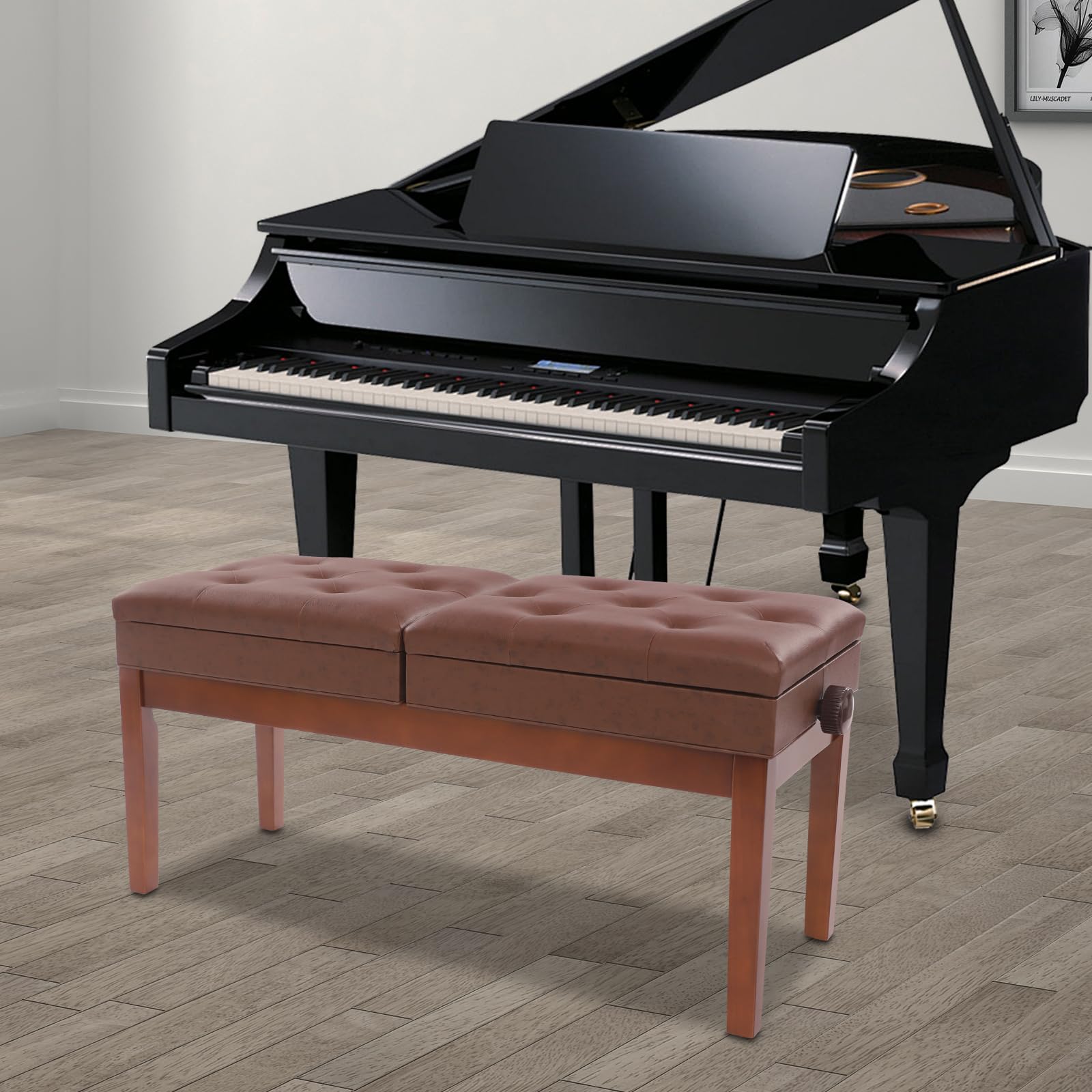 Banc de piano double siège avec espace de rangement - Grand tabouret de piano pour 2 personnes - Assises indépendantes réglables en hauteur - 108 x 39 x 48 cm (marron)