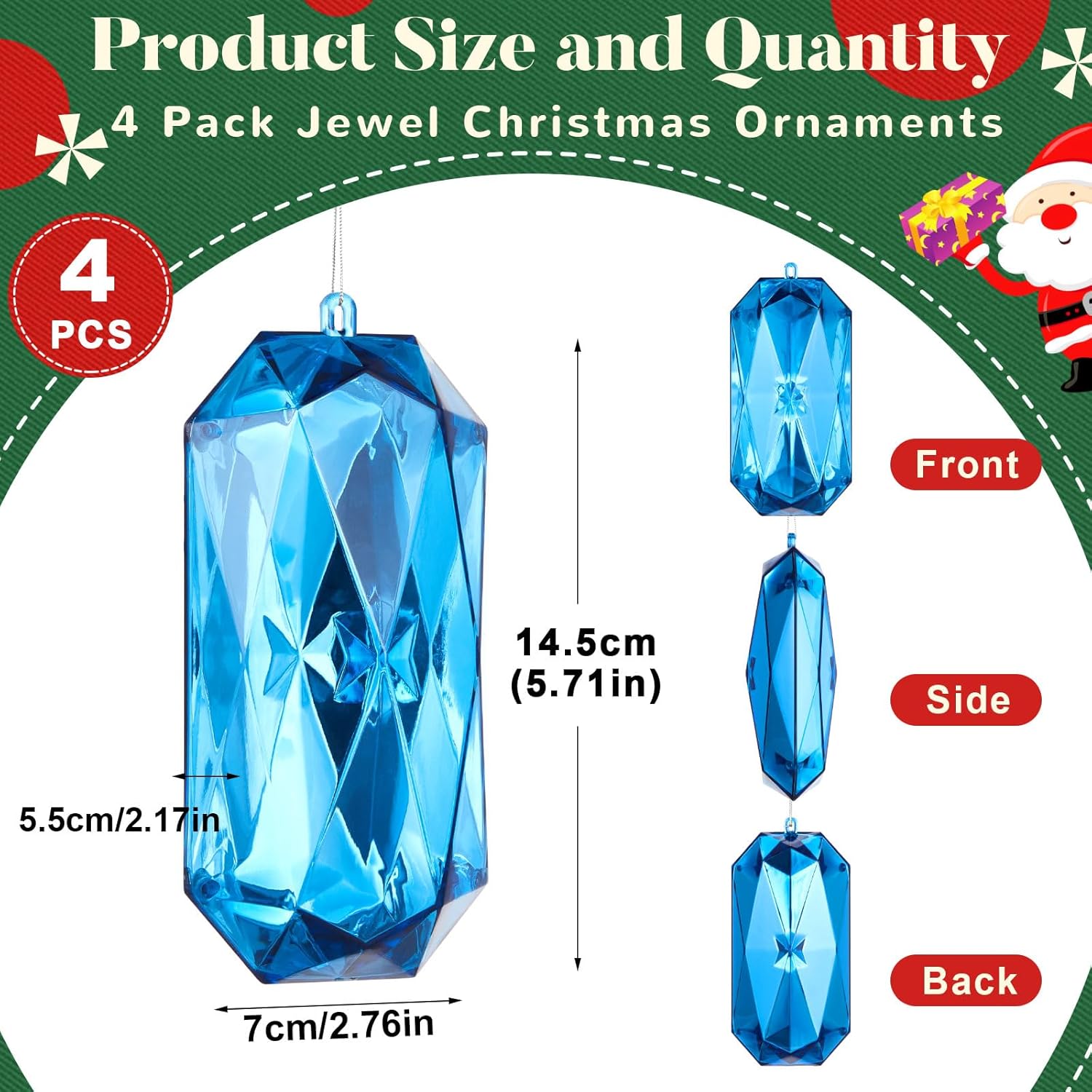 Syhood 4 Pack 5.7 Inch Jewel Ornament Acrylic Blue Jewel Ornaments for Christmas Tree Glitter Christmas Tree Hanging Decorations Gemstones for Xmas Wedding Holiday Party Decor(Rhombus) - Image 2