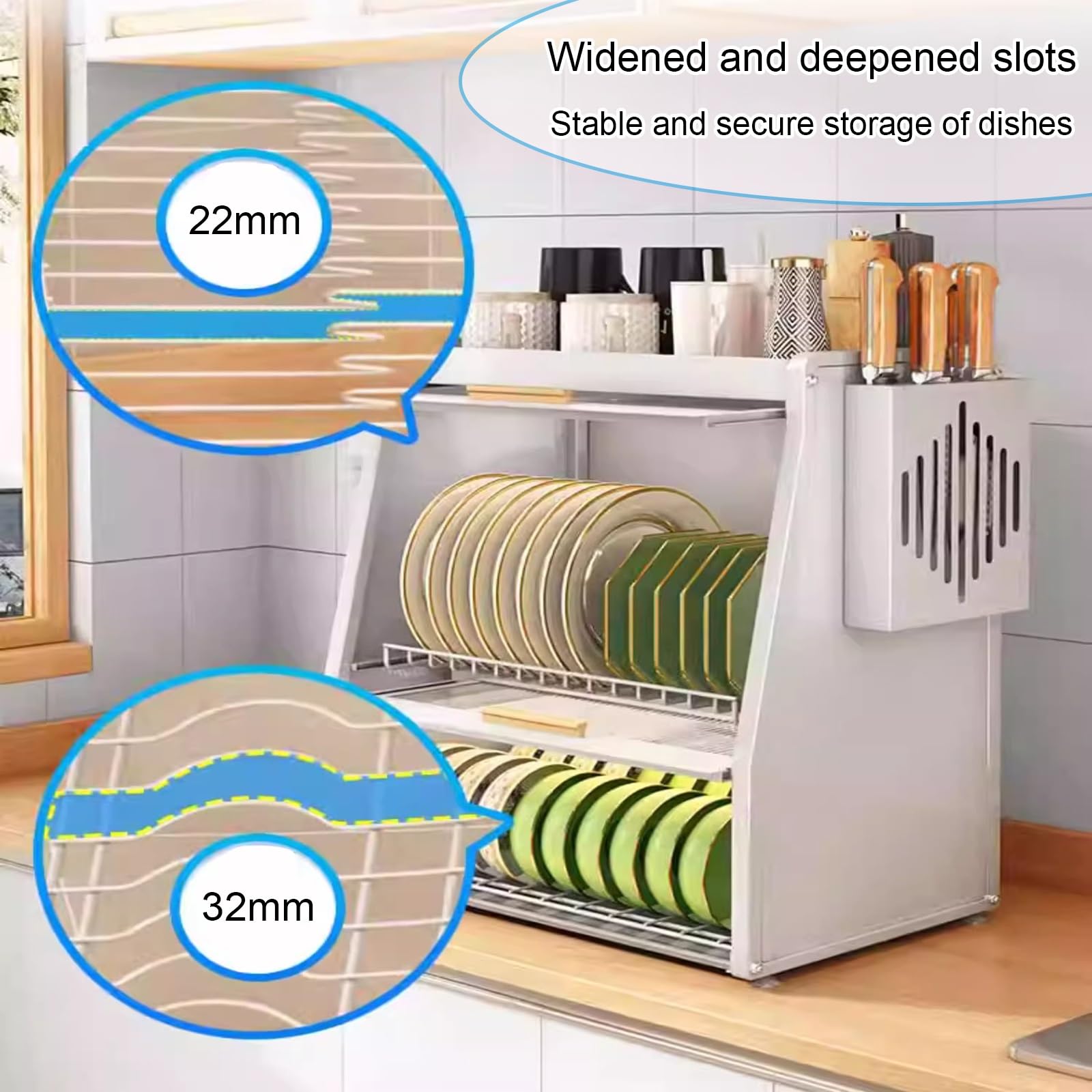 Escurridor de platos, organizador de encimera de cocina, estante de almacenamiento de acero al carbono con gabinete de cubierta abatible, diseño que ahorra espacio para platos, vasos y cuencos