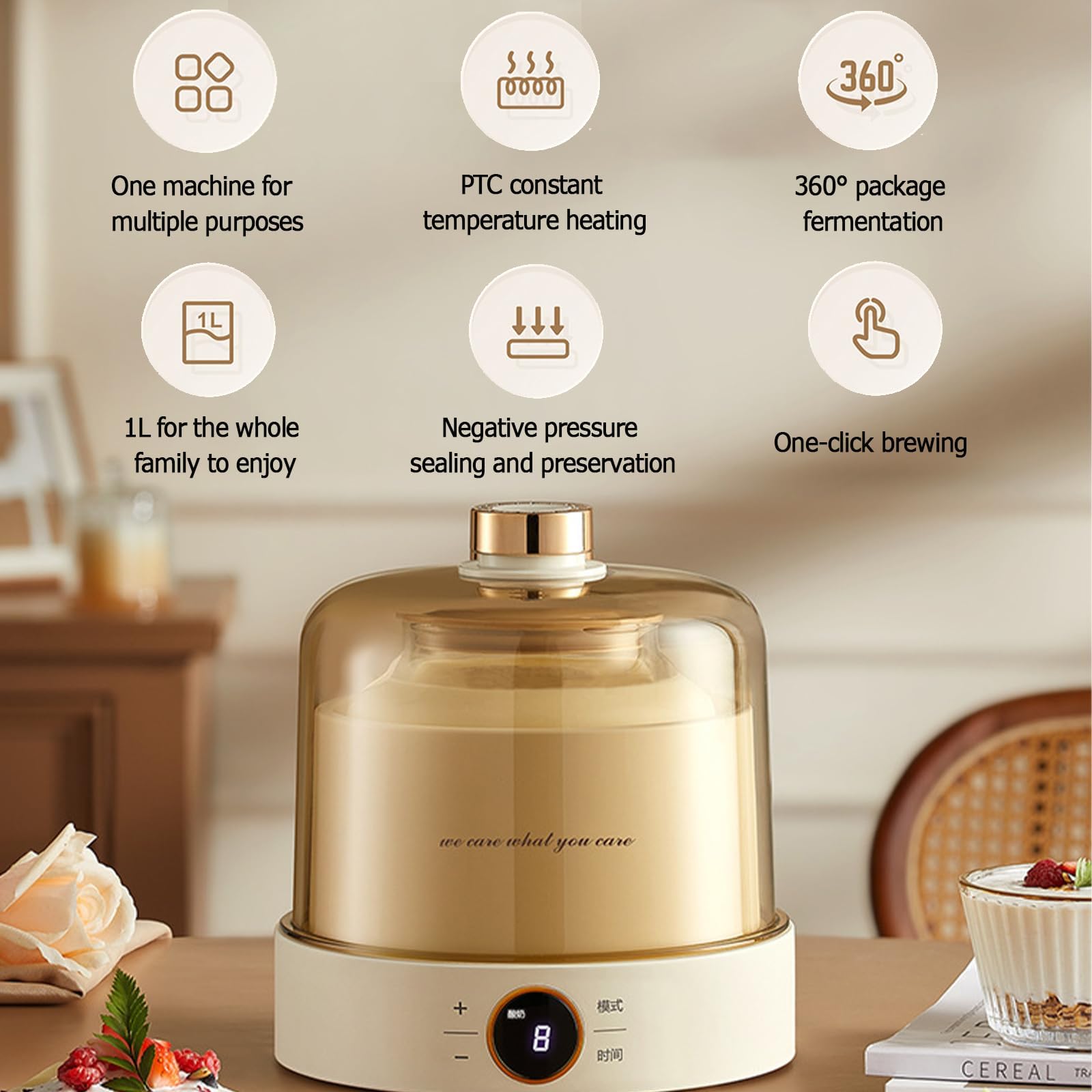 Yogurtera Totalmente automática, máquina para Hacer Yogur de 1 litro con Olla Interior de Vidrio, máquina para Hacer Yogur, Control de Temperatura Constante y Temporizador, máquina para Hacer