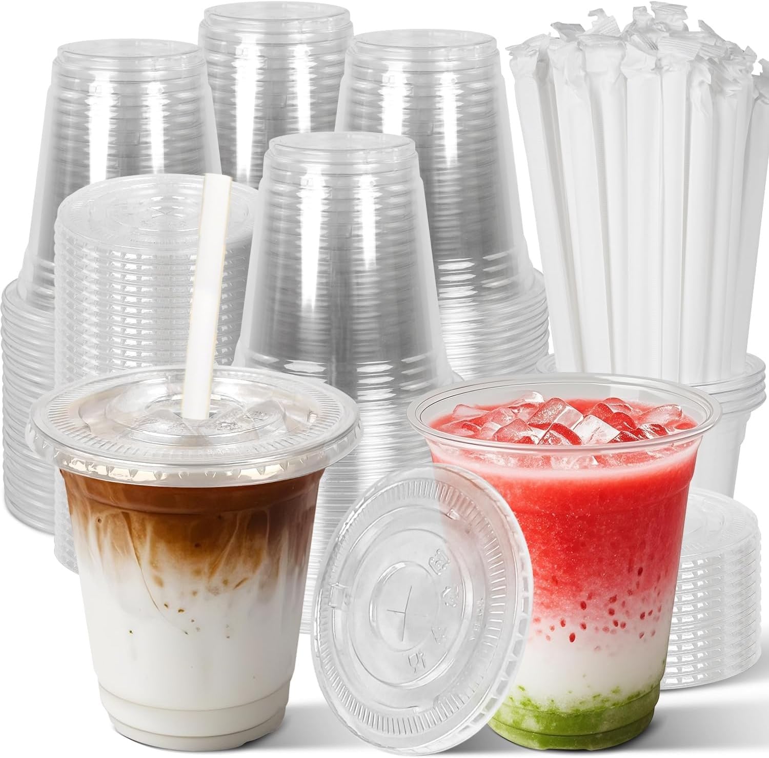 KAHEIGN 50Pcs Clear Plastic Cups with Lids and Paper Straws, 360ml Plastic Coffee Tumbler Reusable Drink Cup Elegant Party Beverage Glasses for Iced Coffee Smoothie Milkshake Cold Drink Party Catering
