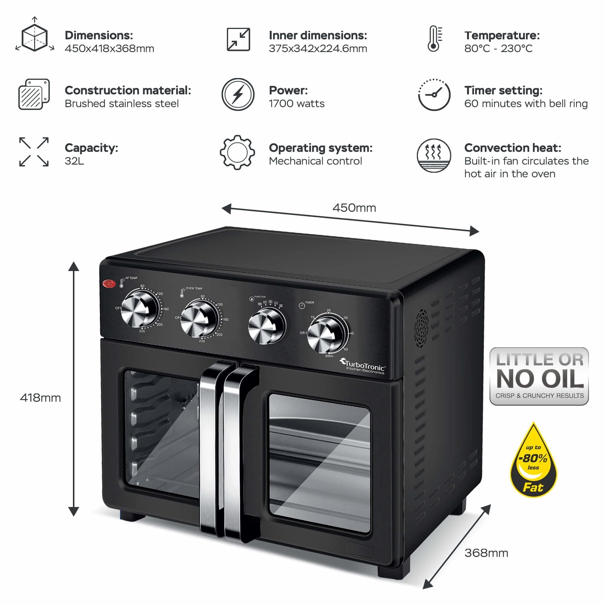 TurboTronic - Forno ad aria calda digitale, XXL, 32 litri, con spiedino girevole per pollo, 4 in 1, mini forno e friggitrice ad aria calda Airfryer a partire da 80 °C