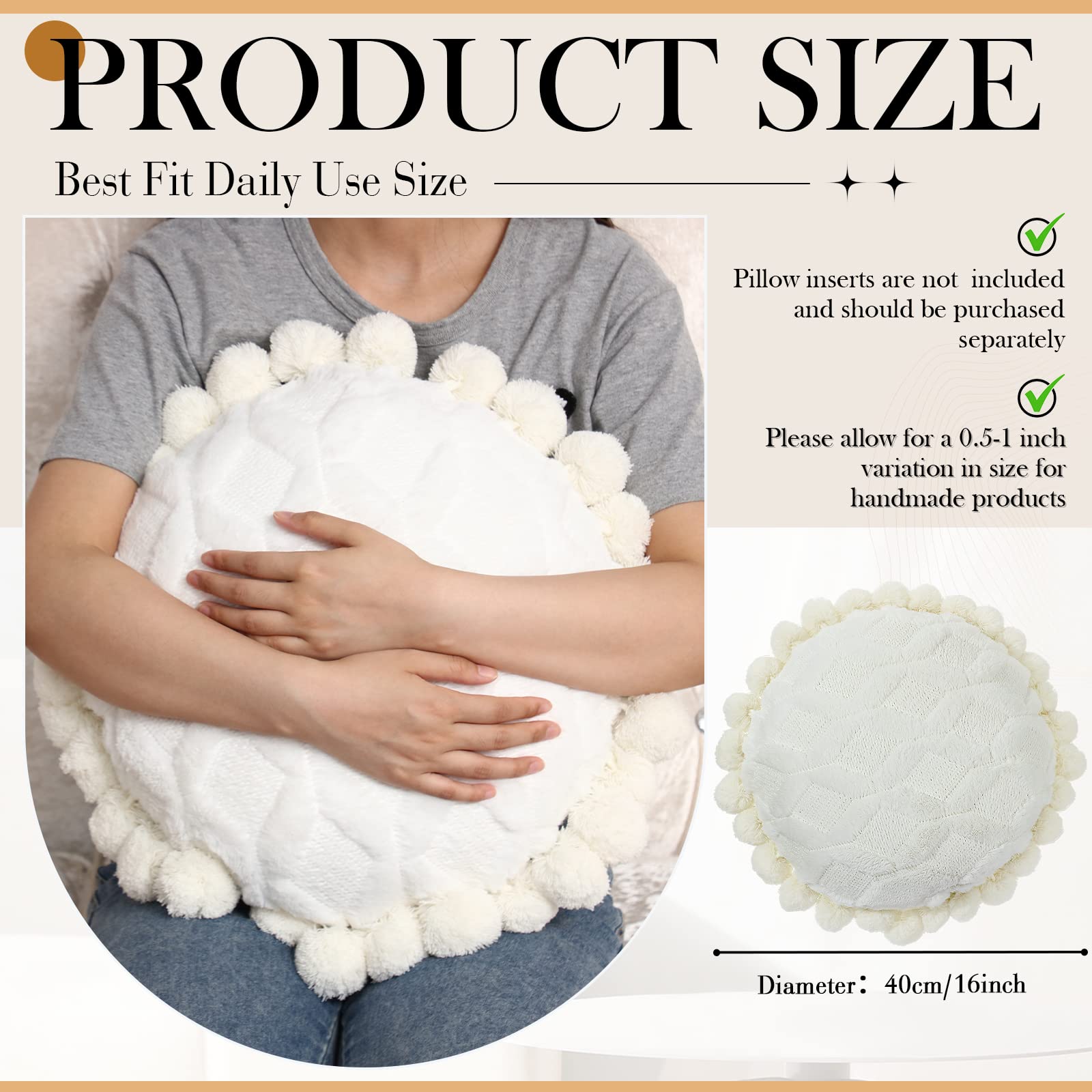 Tranqun Boho-Kissenbezug, 40 cm, rund, Bohemian-Stil, dekorativer Kissenbezug, handgetuftet mit groben strukturierten Pompons, Kissen für Couch, Sofa, Bett, Pouf, Yoga, Beige/Weiß, 2 Stück