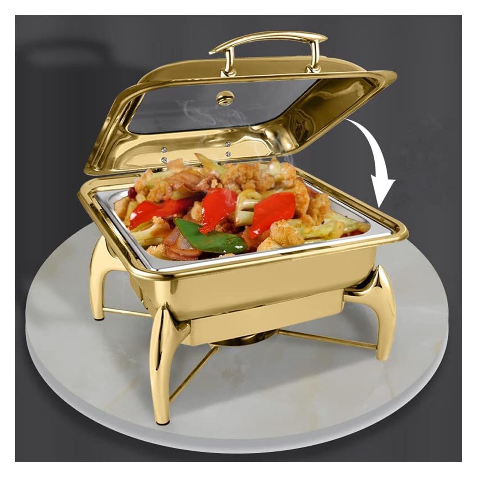 Scaldavivande Quadrati in Acciaio Inox for Buffet Cucina a Buffet | Con coperchio in vetro e design ammortizzante: scaldavivande for feste a buffet, supporto stabile(Gold)