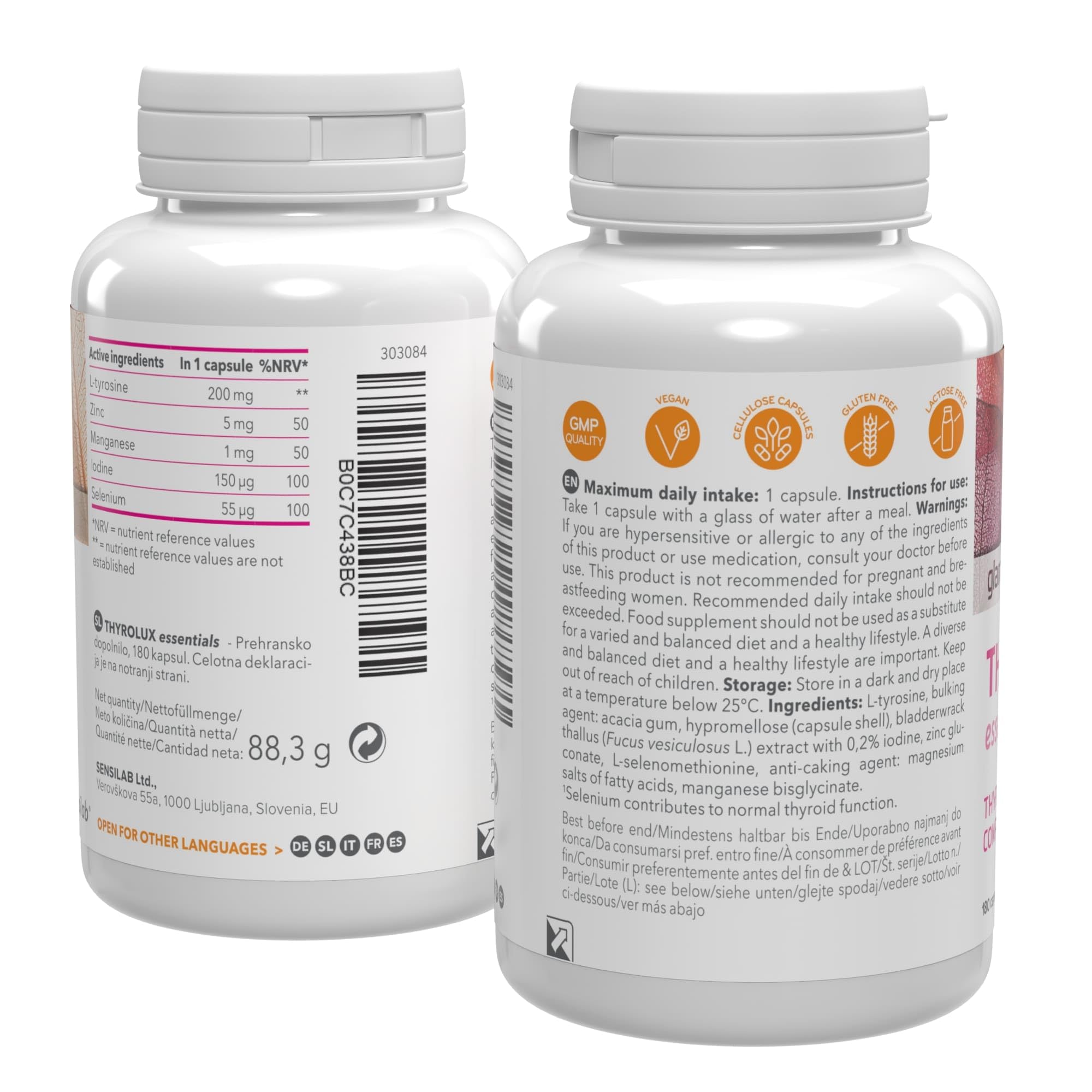 Jod Tabletten – Schilddrüse – Jod 150µg – Zink, Selen, L Tyrosin, Mangan – Pflanzlicher Ursprungs – 180 Kapseln Hochdosiert für 180 Tage – Thyrolux Sensilab