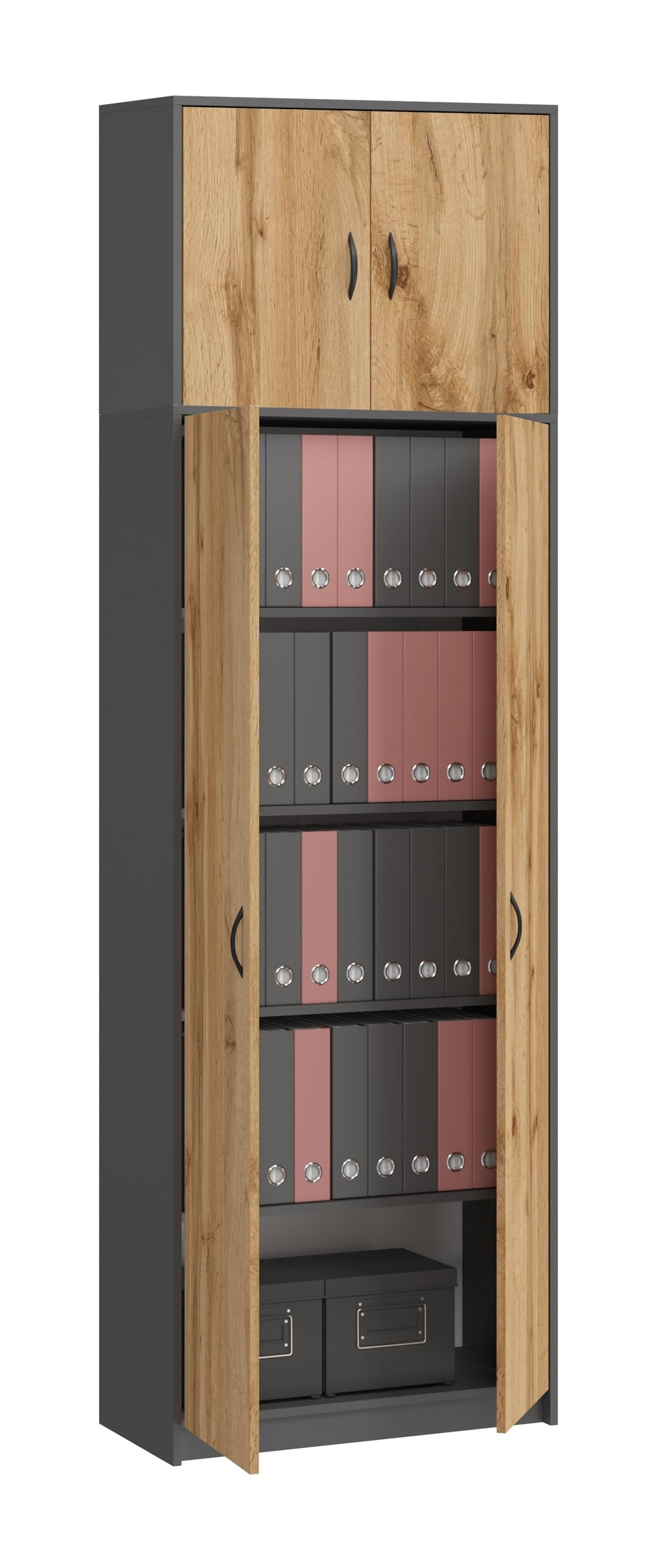 Armario Alto de Oficina, archivador, Armario con 4 Puertas y 7 Compartimentos, Armario Multiusos 235 x 74 x 35 cm (Grafito/Roble Wotan)