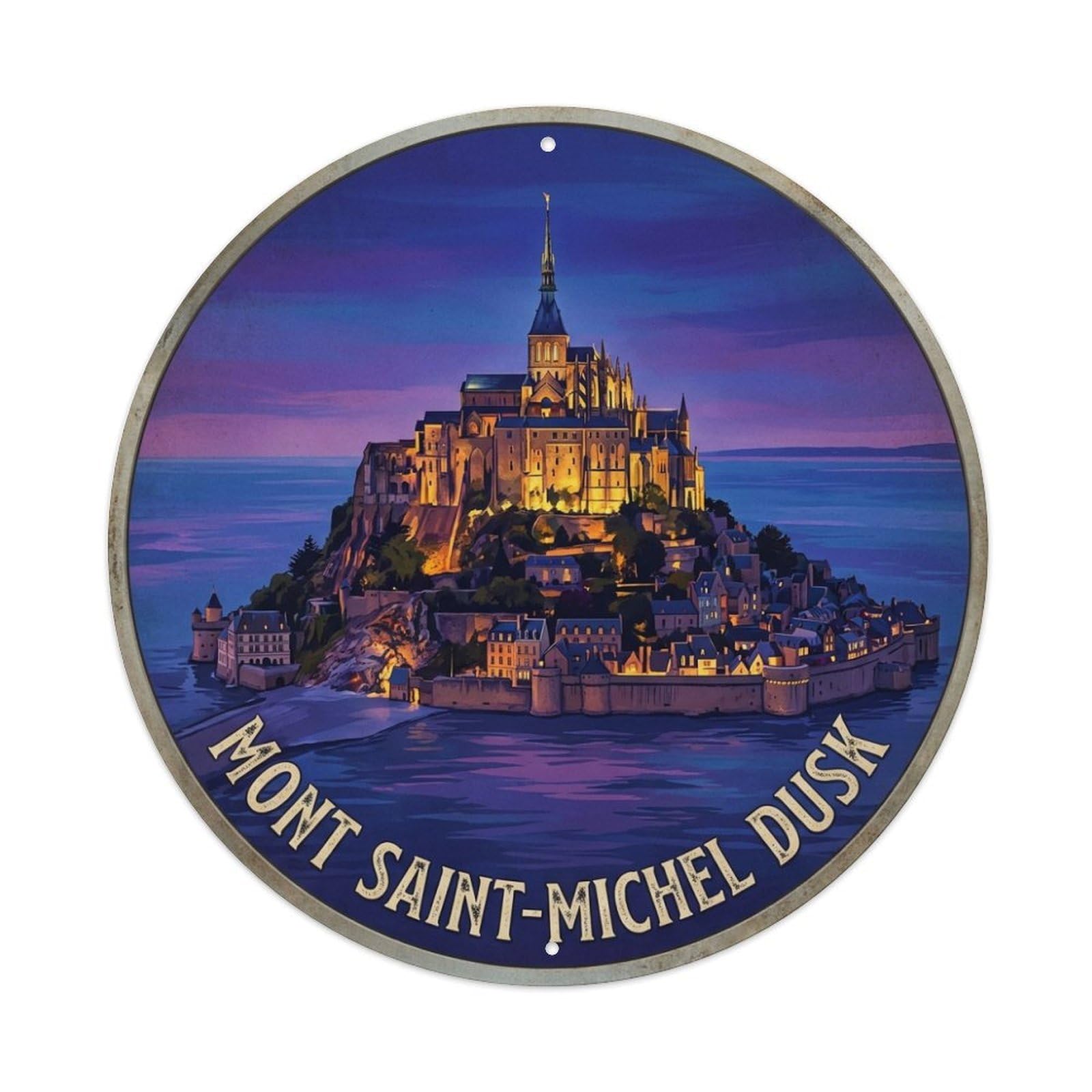 Dusk Classic Heritage Landmark Mont Saint Michel Abbey Metal Tin Sign