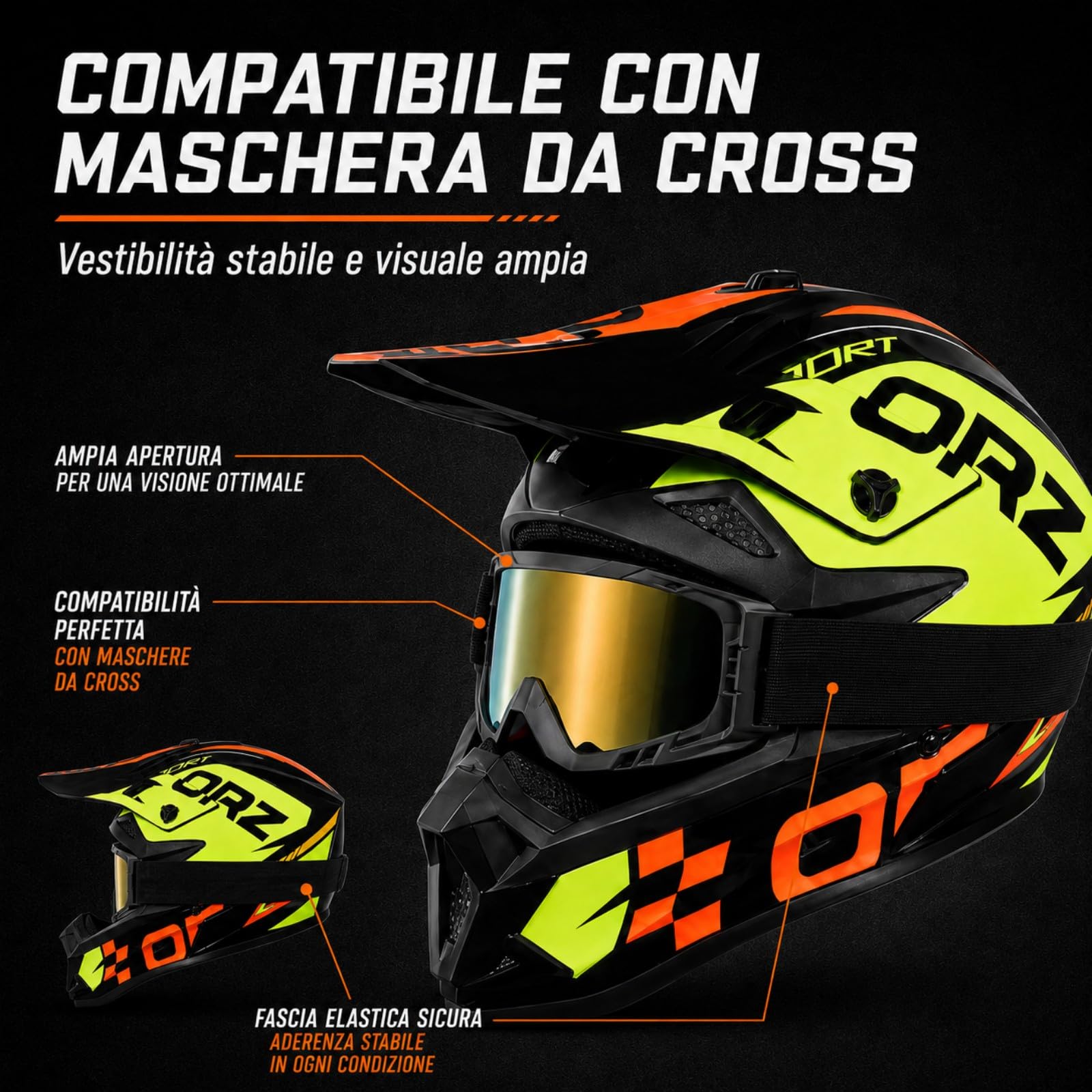 Casco Cross giallo neon, nero e arancione con Occhiali e Guanti