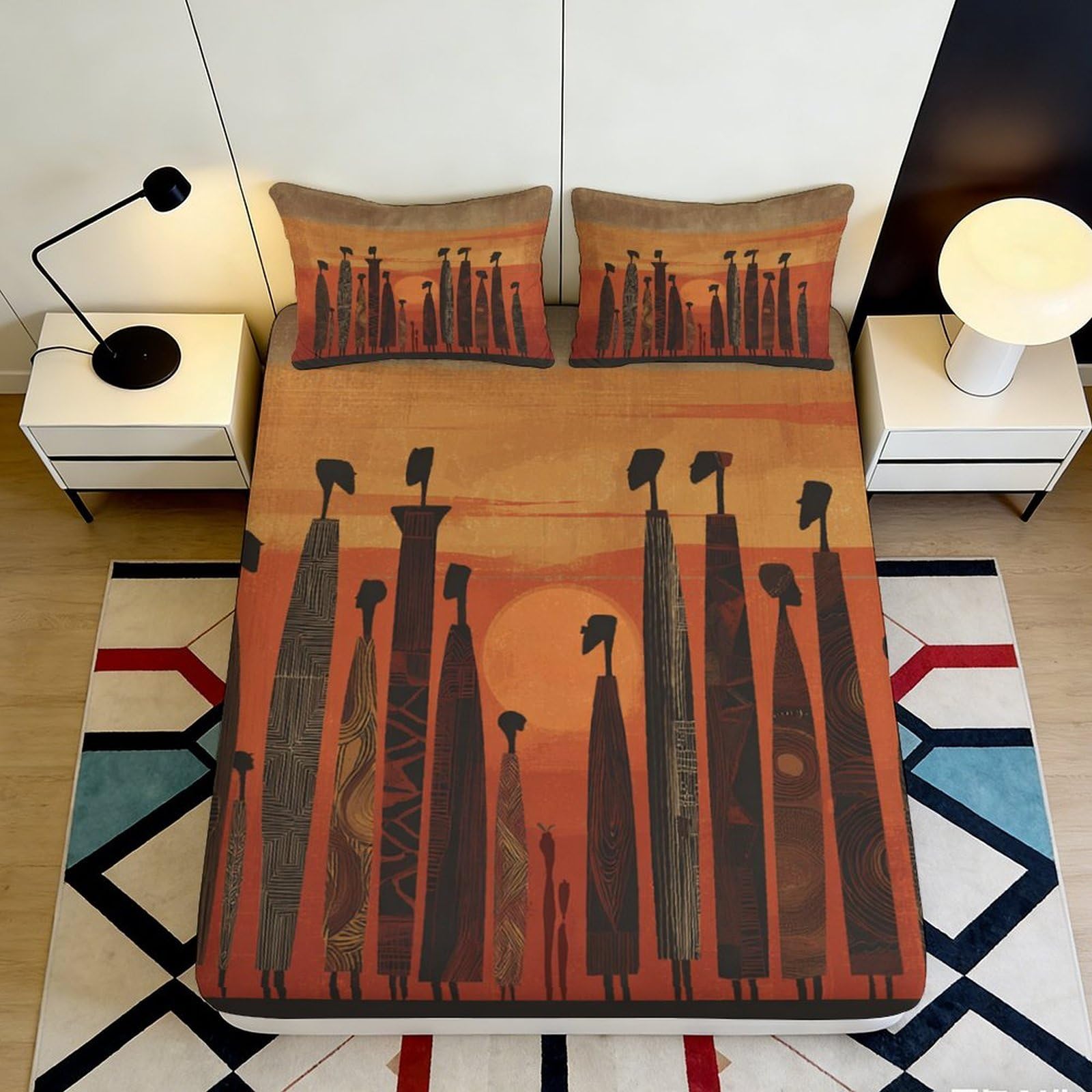 Pnayamiorkfel Style-2 3D Printed African Tribal Art Fitted Sheet Microfiber Soft Rust Orange Mattress Cover Bedroom Decor Protector 90X200x25cm