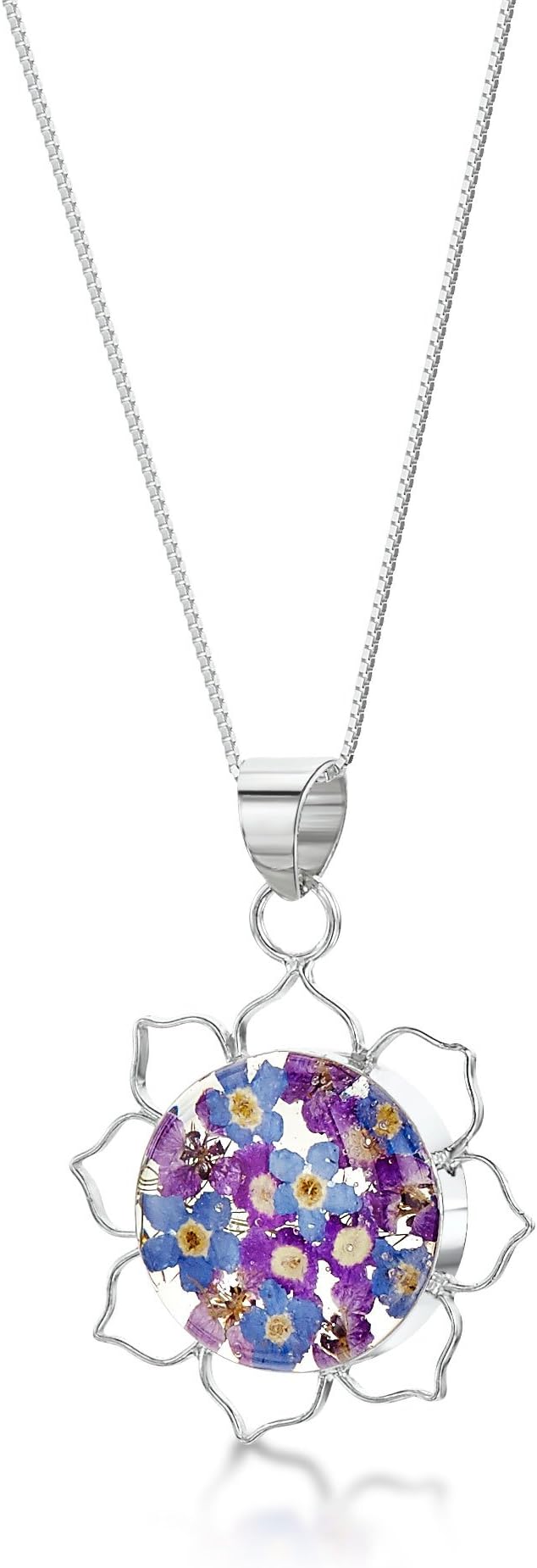 Sterling Silver Real Flower Pendant Necklace - Forget-Me-Not purple & blue - - 18" chain included