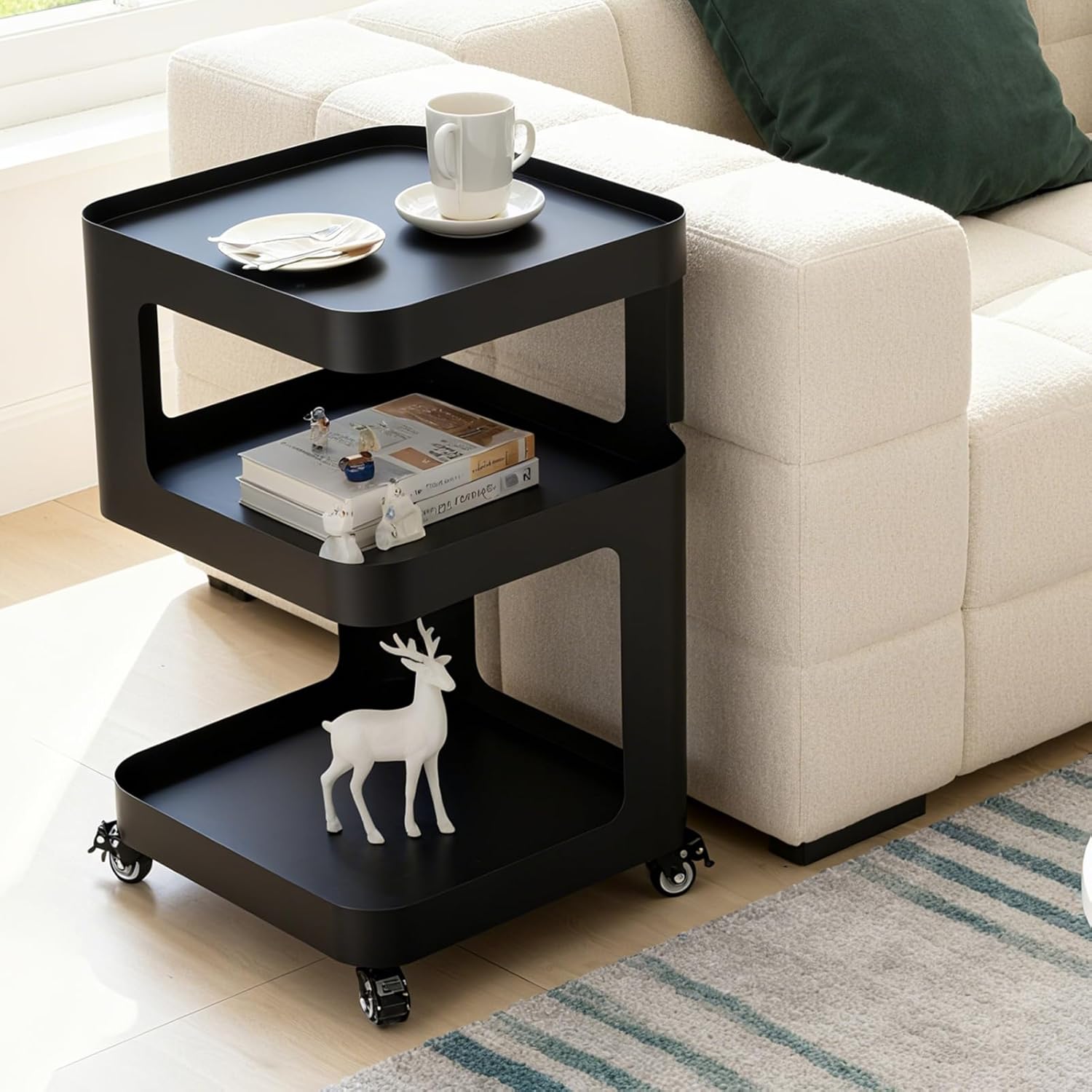 Modern Side Table, Metal Black Nightstand with 3-Tier Storage, No Assembly Required End Table for Couch, Living Room, Bedroom, Stylish Bedside Piece for Home Decor & Organizing