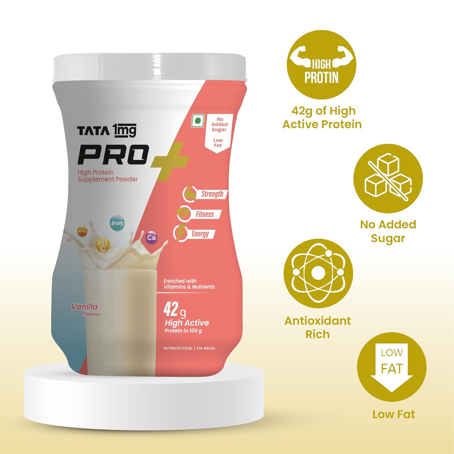 Tata 1mg Pro+ Soy Protein Supplement Powder- High Protein for Muscle & Bone Strength, Overall Fitness, and Energy with 23 essential nutrients,Low Fat & No Added Sugar,Vanilla Flavour Tata 1mg Pro+ Soy Protein Supplement Powder- High Protein for Muscle & Bone Strength, Overall Fitness, and Energy with 23 essential nutrients,Low Fat & No Added Sugar,Vanilla Flavour