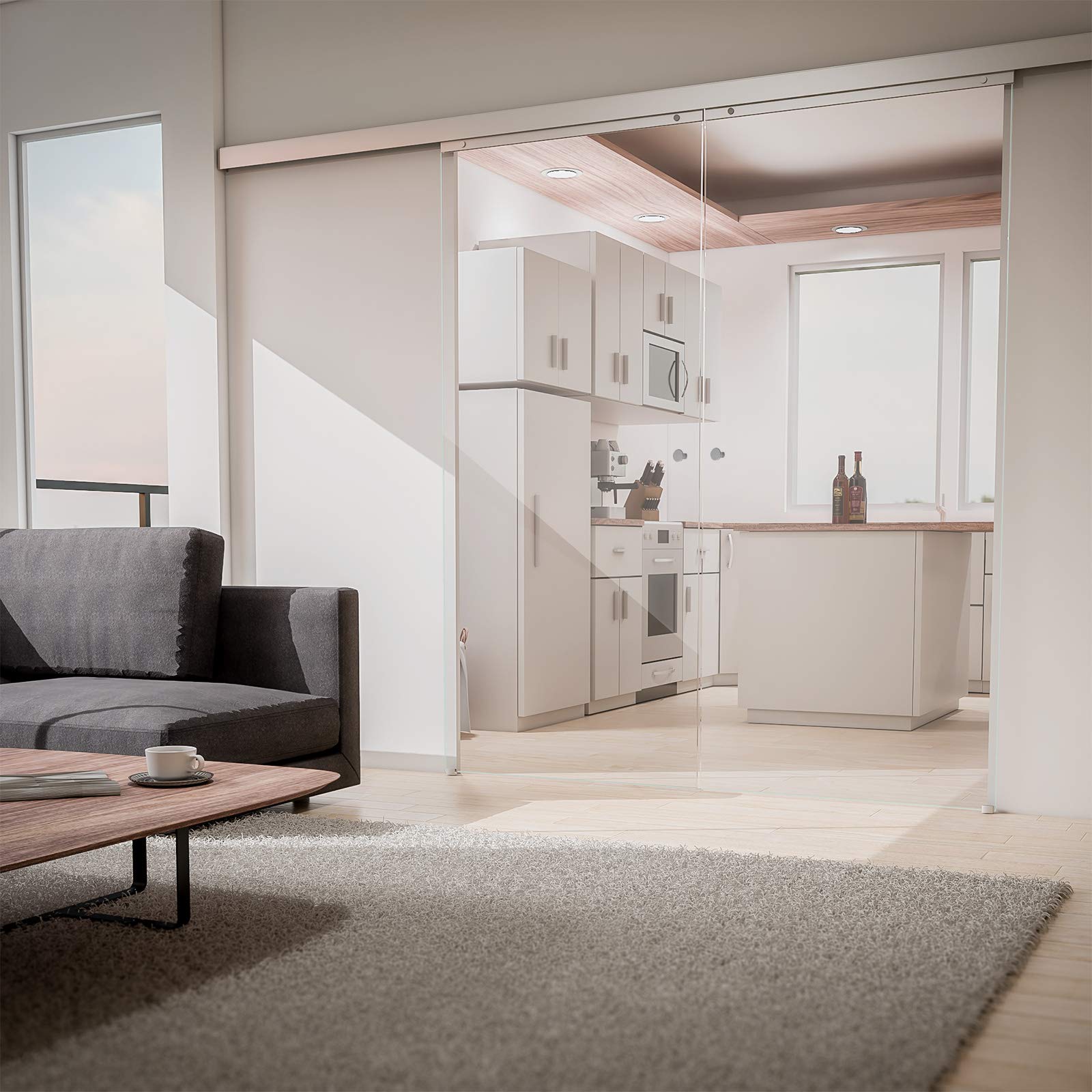 inova Doppel-Glas-Schiebetür 2-Flügelig 1760 x 2035 mm Klarglas Alu Komplettset mit Lauf-Schiene und Griffknopf