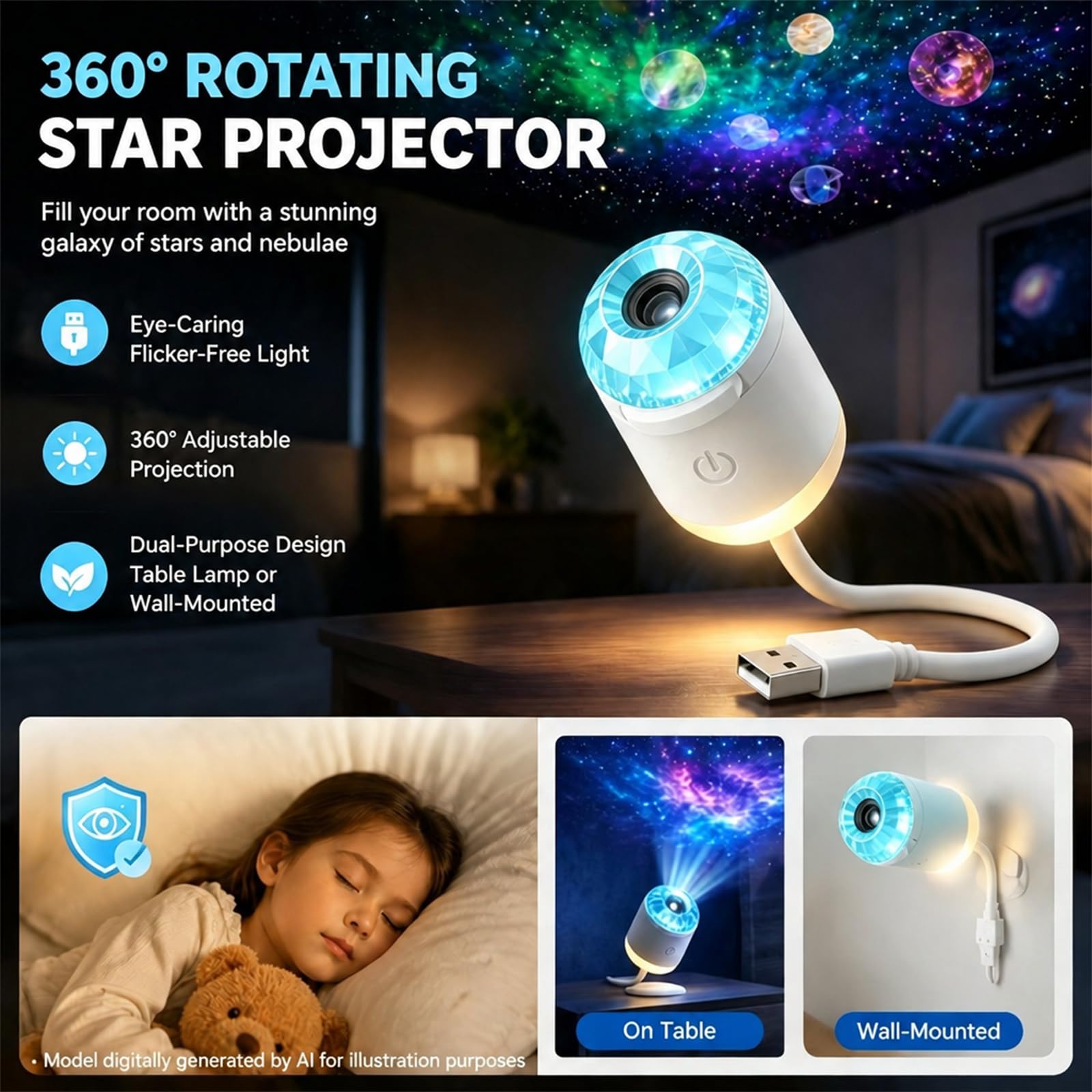 Proiettore di luce notturna 2 in 1 con 24 pellicole di proiezione, cistal blu luminosità regolabile 360° Plug and Play USB portatile Mini LED