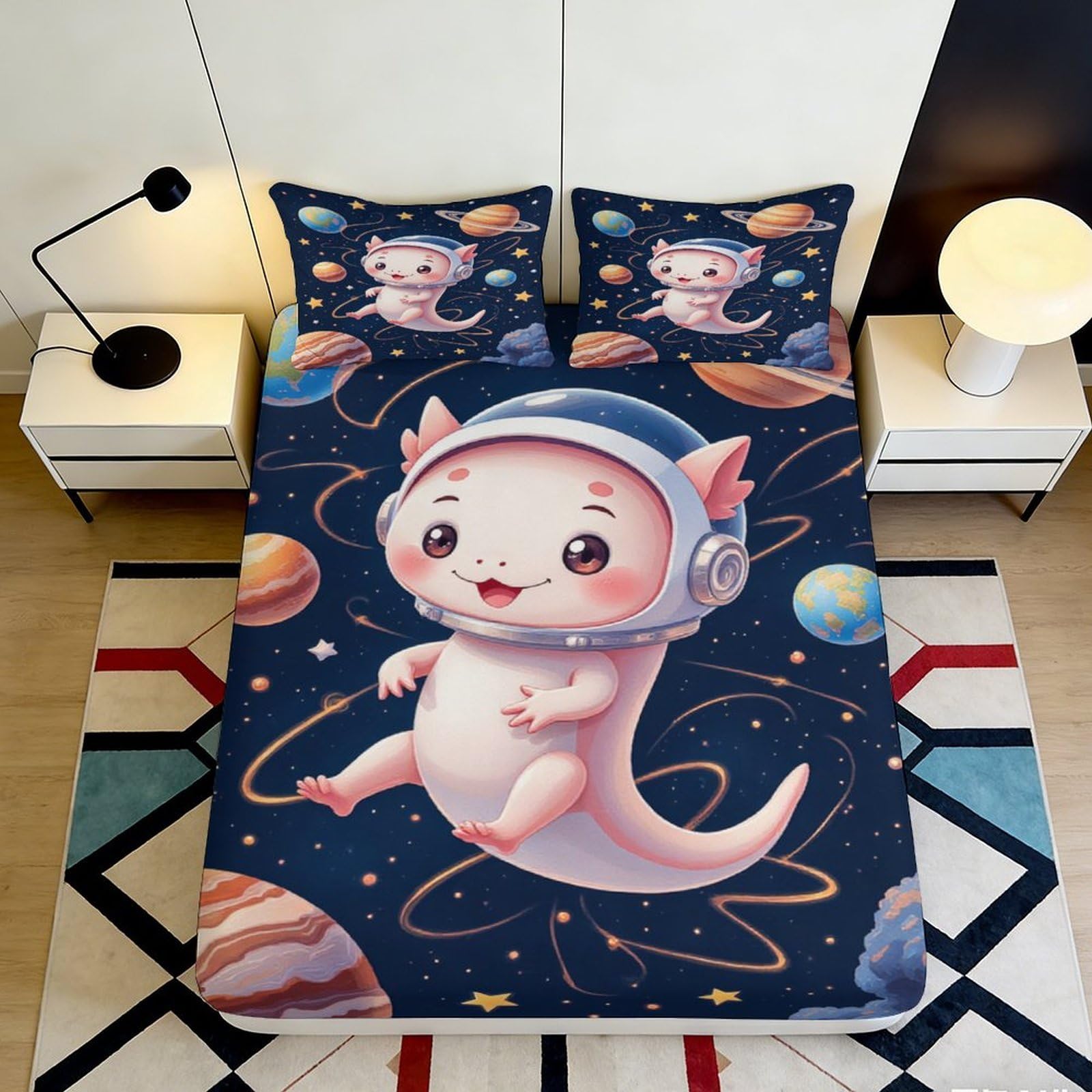 Pnayamiorkfel Style-8 3D Printed Cartoon Space Fitted Sheet Microfiber Anti-Slip Mattress Cover Cute Astronaut Planet Bedroom Decor Easy Care 90X200x25cm