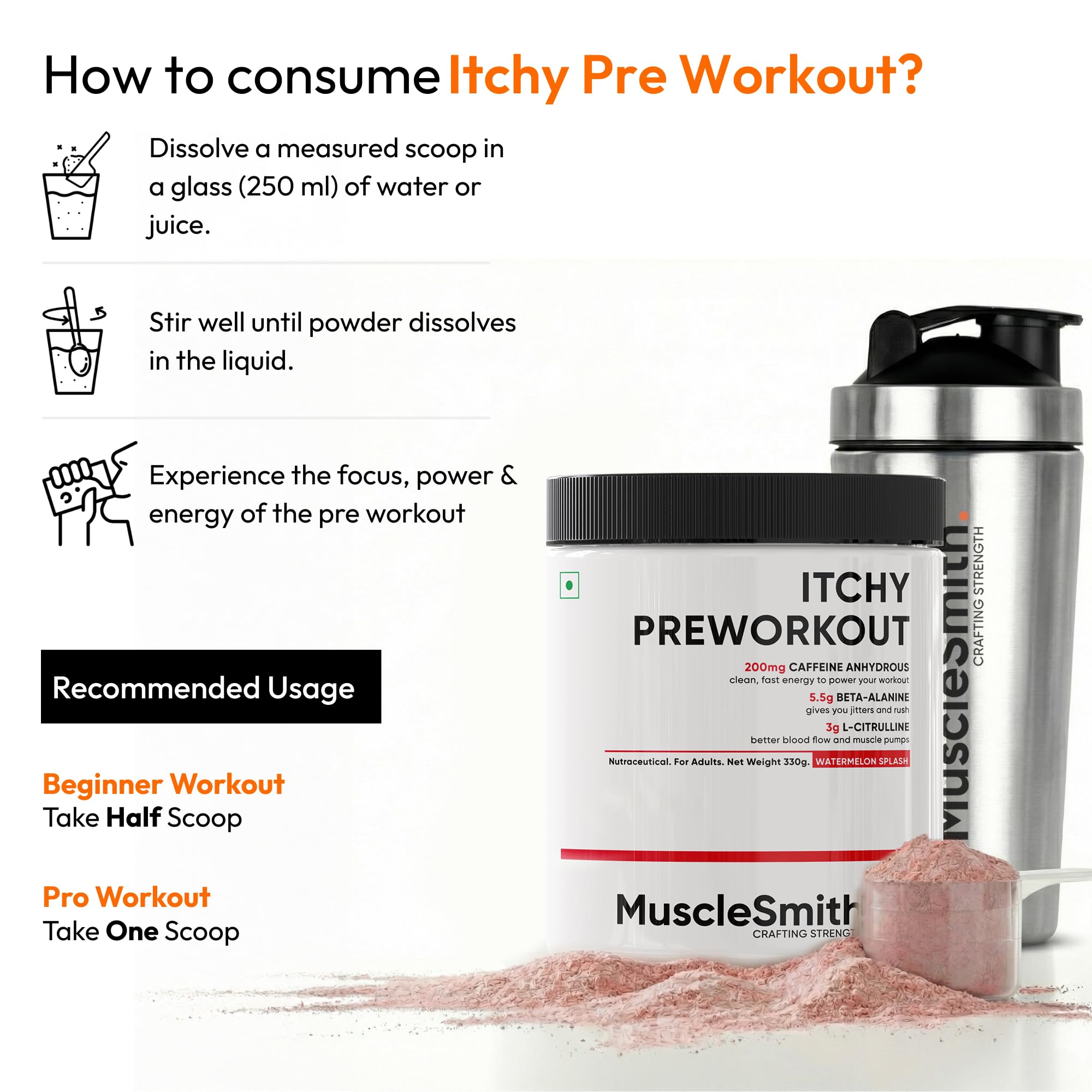 MuscleSmith Itchy Pre Workout Powder for Men & Women | With Caffeine, Beta-Alanine & L-Citrulline | Gym Energy, Focus & Training Support | No Added Sugar | 300g, 28 Servings | Orange Obsession — Amazon image 7