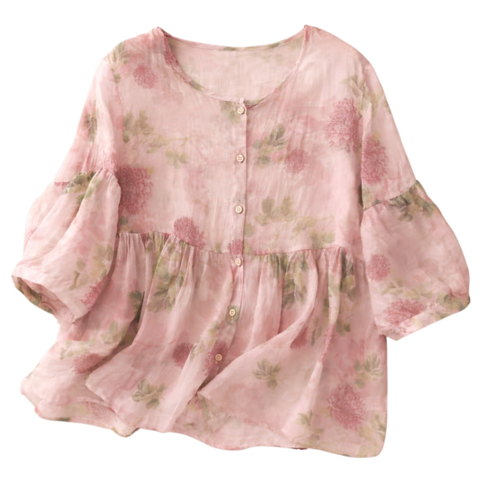 rieka Women’s Casual Floral Print Blouse in Soft Pink with Green Leaf Pattern Round Neck Button Front Flowy Peplum Style Top-picture-33