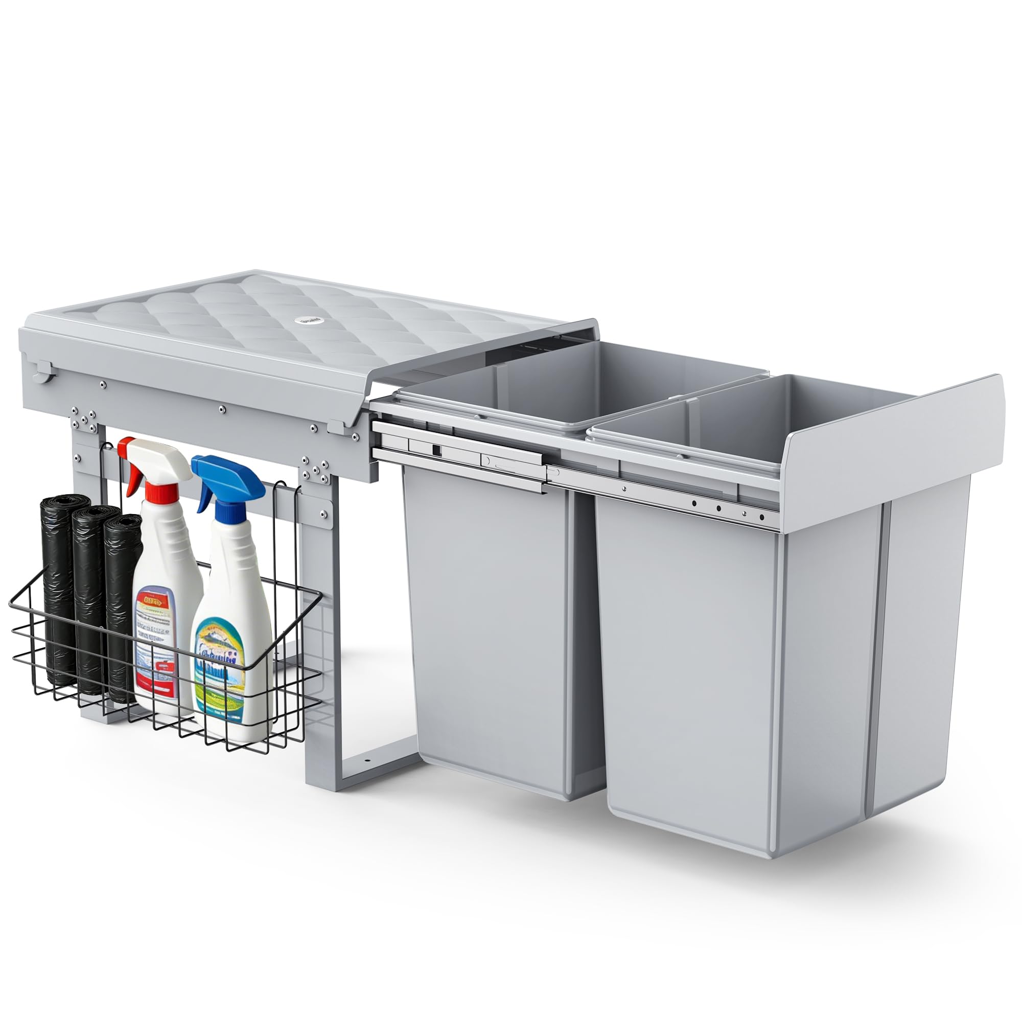 lovewind Abfallsammler Tandem, 2×20L, Mülleimer küche, Mülltrennsystem für Unterschrank，Stahlrahmen, ABS-Deckel Mülltrennung als Vollauszug mit Teleskopschienen, Dunkelgrau