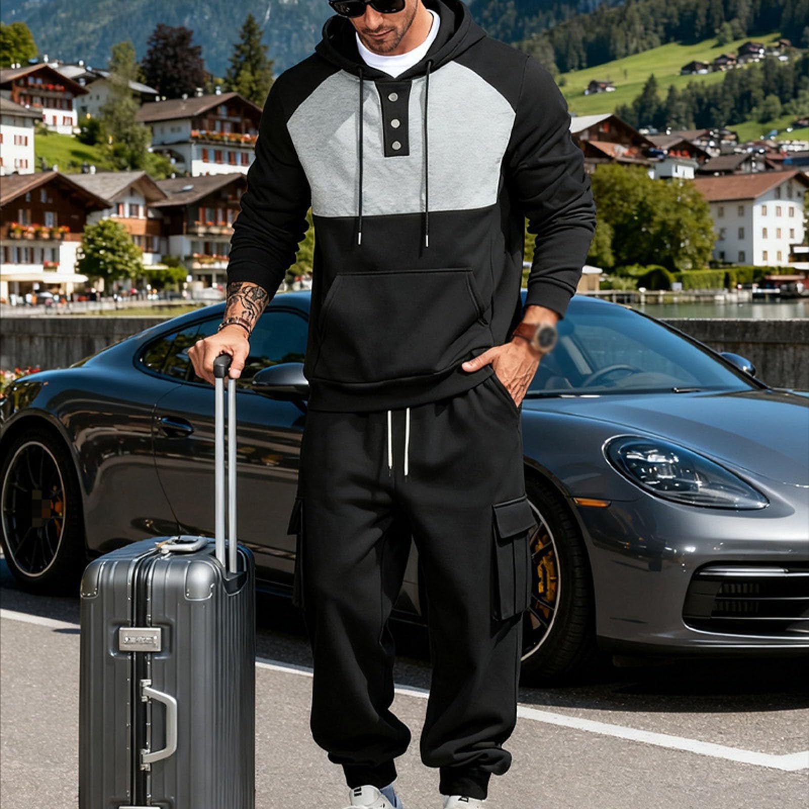 Herren-Sweatanzug, schweres Fleece, Kapuzen-Sweatshirt mit gestickten Details und lässiger Jogginghose, bequeme Arbeitskleidung, Outdoor-Kleidung, Streetwear, tägliches Joggen