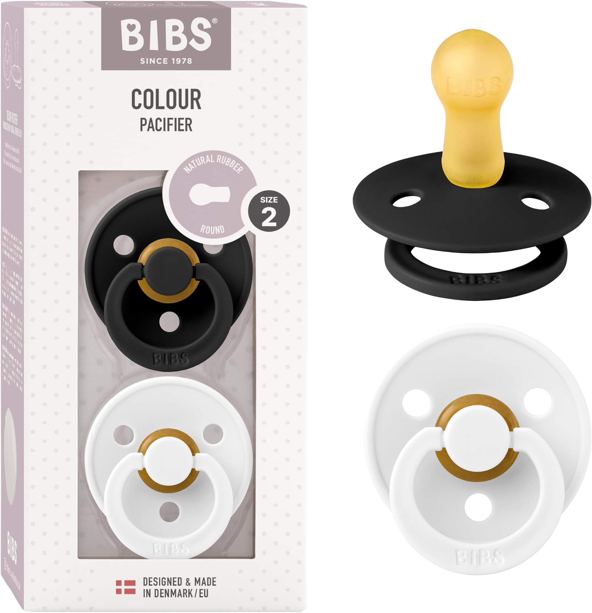BIBS Colour Soother 2-Pack, BPA Free Dummy Pacifier, Round Natural Rubber Latex, Size 2 (6-18 Months), Black/White