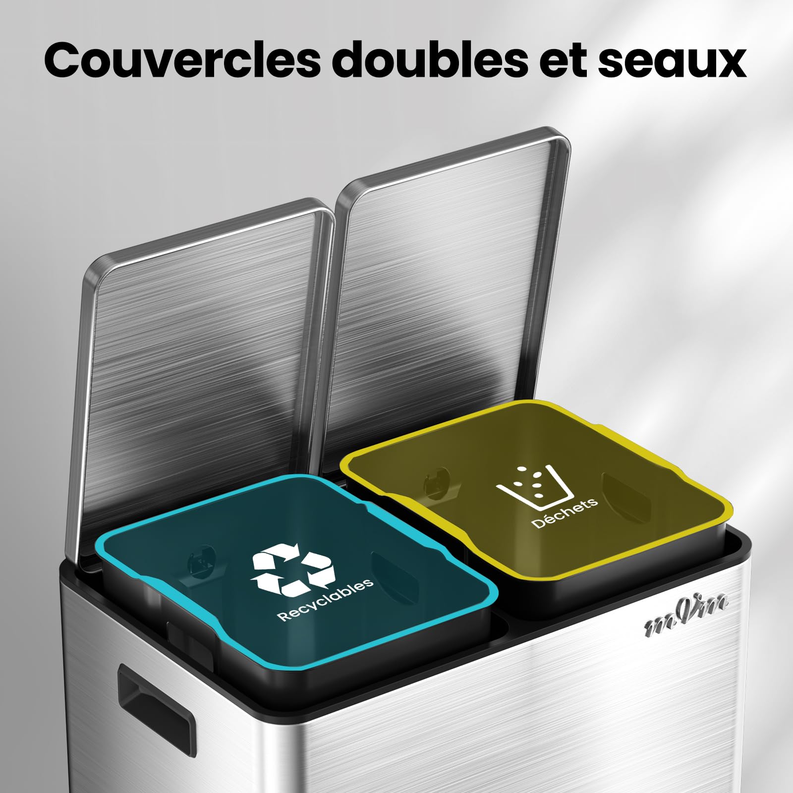mVm Poubelle de Cuisine,2 x 30 Litres,2 Seaux Amovibles,Acier Inoxydable,2 Compartiments, Poubelle Recyclage Rectangulaire à Pédales, Couvercle à Fermeture Douce, Hermétique,Argent