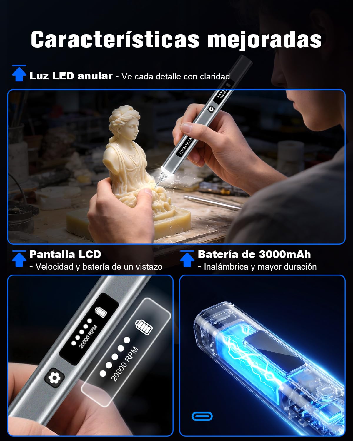 bolígrafo de grabado– Lápiz de grabado eléctrico con pantalla LCD, luz LED, 5 velocidades, 30+ accesorios y carga rápida USB-C herramienta inalámbrica portátil (Gris)
