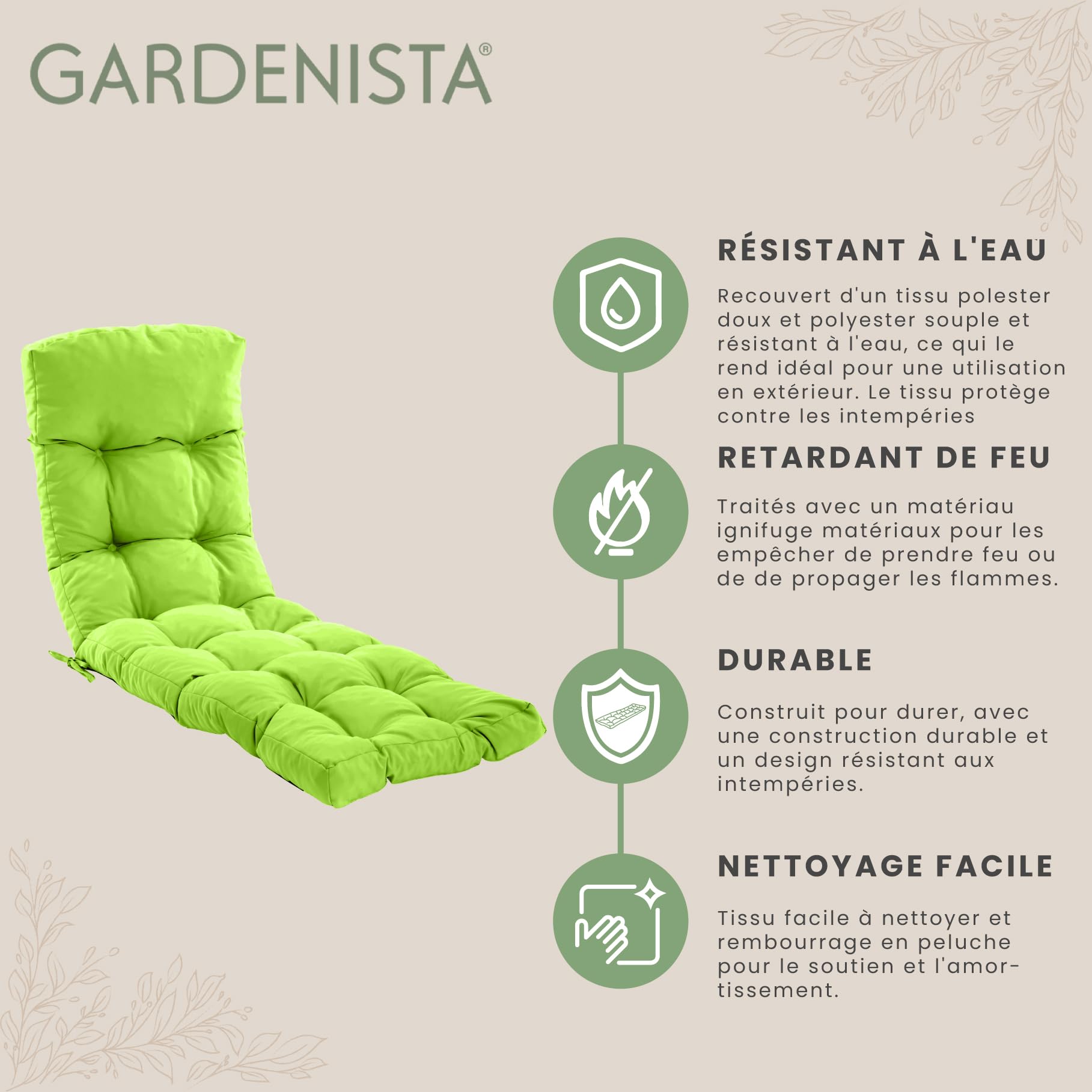 Gardenista Coussin Longue de Jardin 200x60x7cm | Matelas Épais Résistant à l'eau | Bain de Soleil et Transat | Inclinable Hypoallergénique pour Extérieur (Citron Vert)
