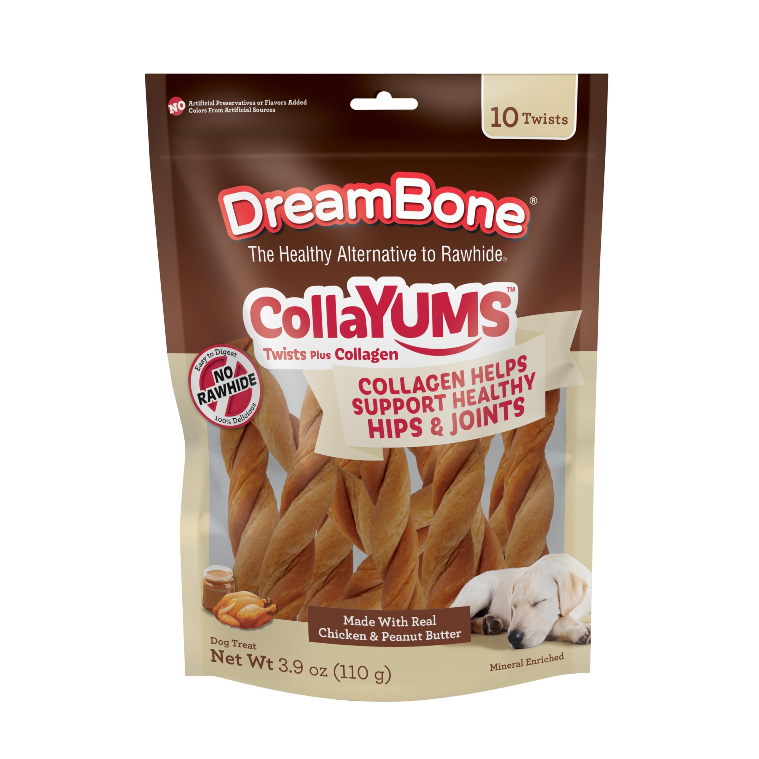 DreamBone CollaYUMS Twists Plus Collagen Chews for Dogs, 10 Count, Treat Your Dog to Rawhide-Free Chews Made with Chicken, Vegetables and Peanut