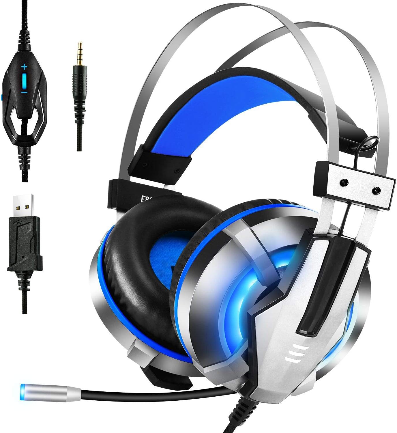 EKSA Gaming Headset for PS4, PC, Xbox One Controller, Nintendo Switch, Gaming Headphone with Adjustable Noise Cancelling Mic, LED Light, Soft Memory Earmuffs, Over-Ear Headphone for Gaming, Blue