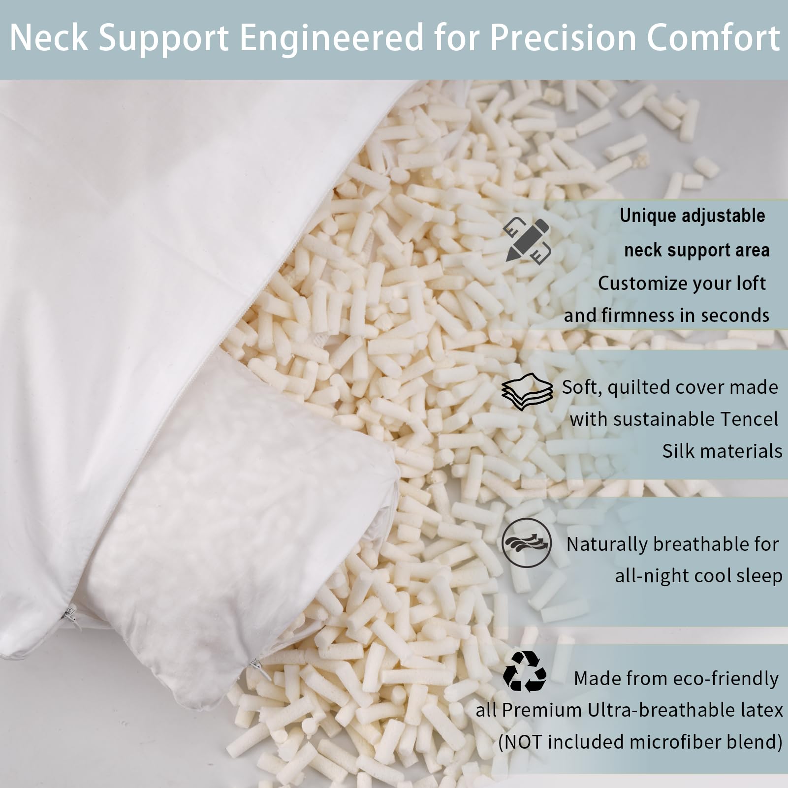 Talatex Talalay 100% Natural Premium Adjustable Latex Pillow, Shredded Latex Pillow Helps Relieve Pressure, Perfect Package Best Gift with Removable Tencel Cover (SilkStrand, Standard)