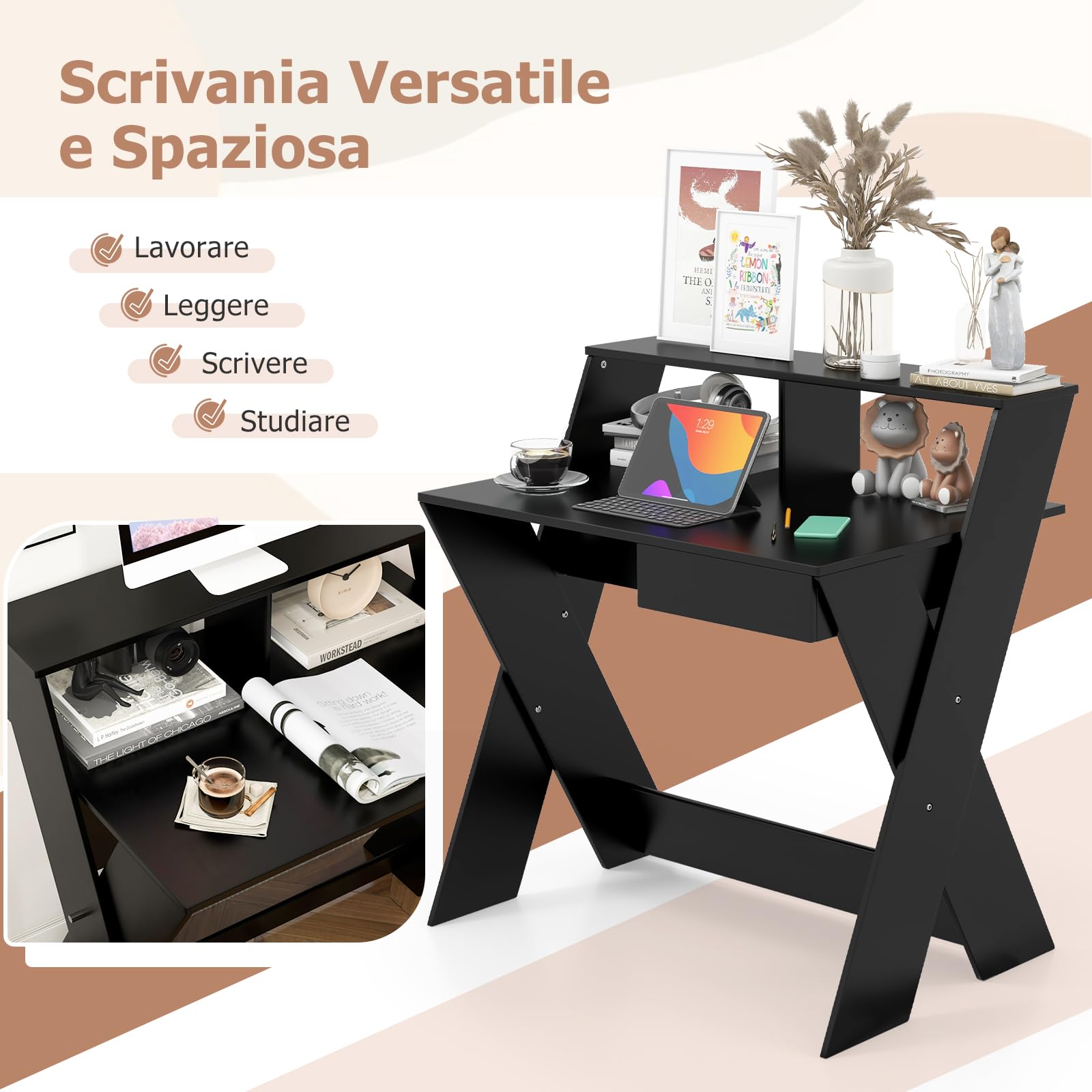 Scrivania per Computer in Legno con cassetti, Scrivania per Ufficio con Supporto per Monitor, Scrivania Moderna, Poggiapiedi e Gambe a Forma di X, per Casa e Ufficio, 90 X 61 X 94 cm (Nero)