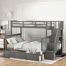 Bunk Beds Twin Over Full Size, Wood Platform Bed Frame Gray Bed Frame with Drawer, Storage and Guard Rail