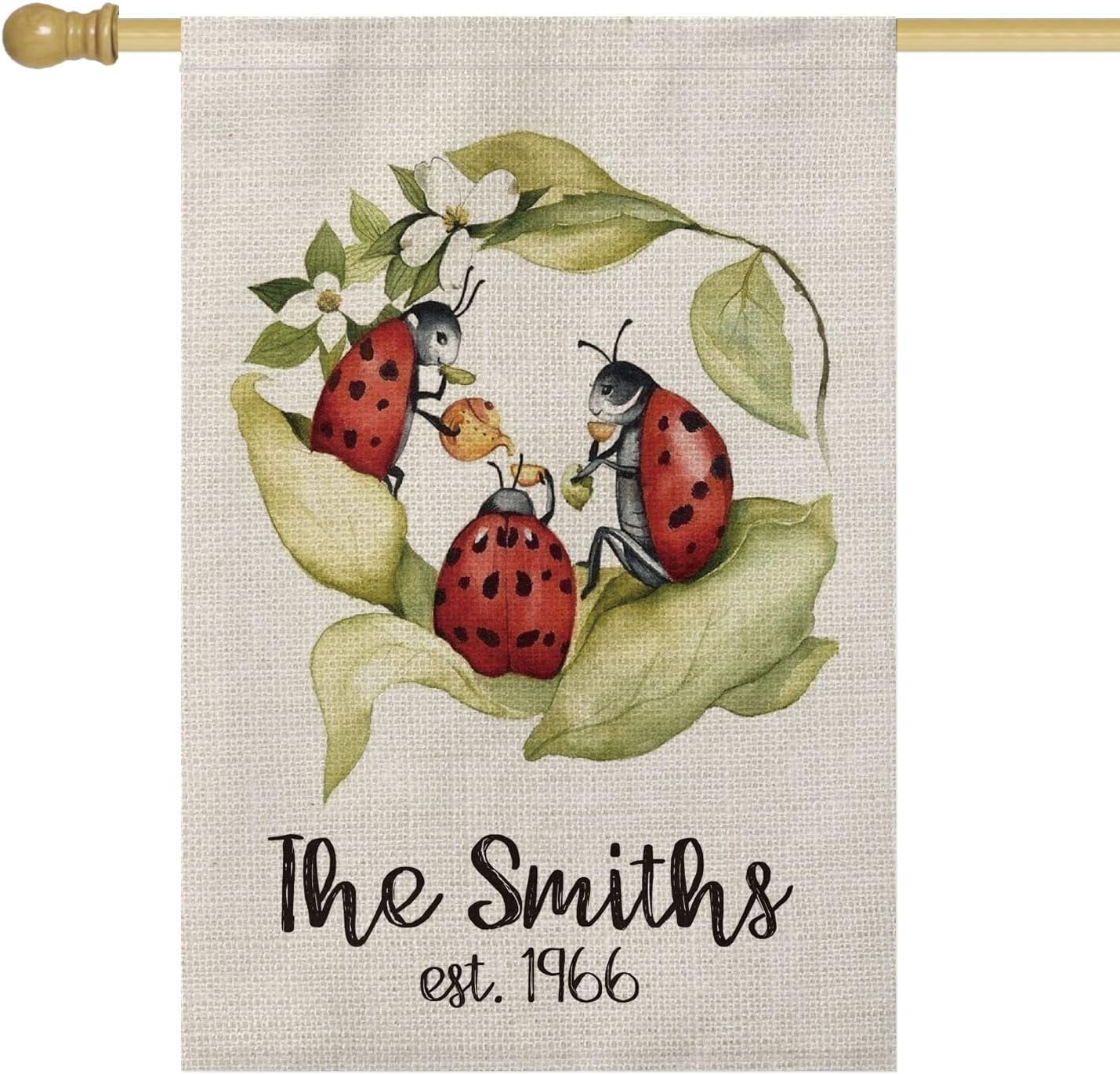 SMILE Personalized Spring Summer House Flag, Custom Family Last Name and Year Love Bug, Double Sided 28 x 40 Inch Rustic Farmhouse Burlap Yard Outdoor Decoration